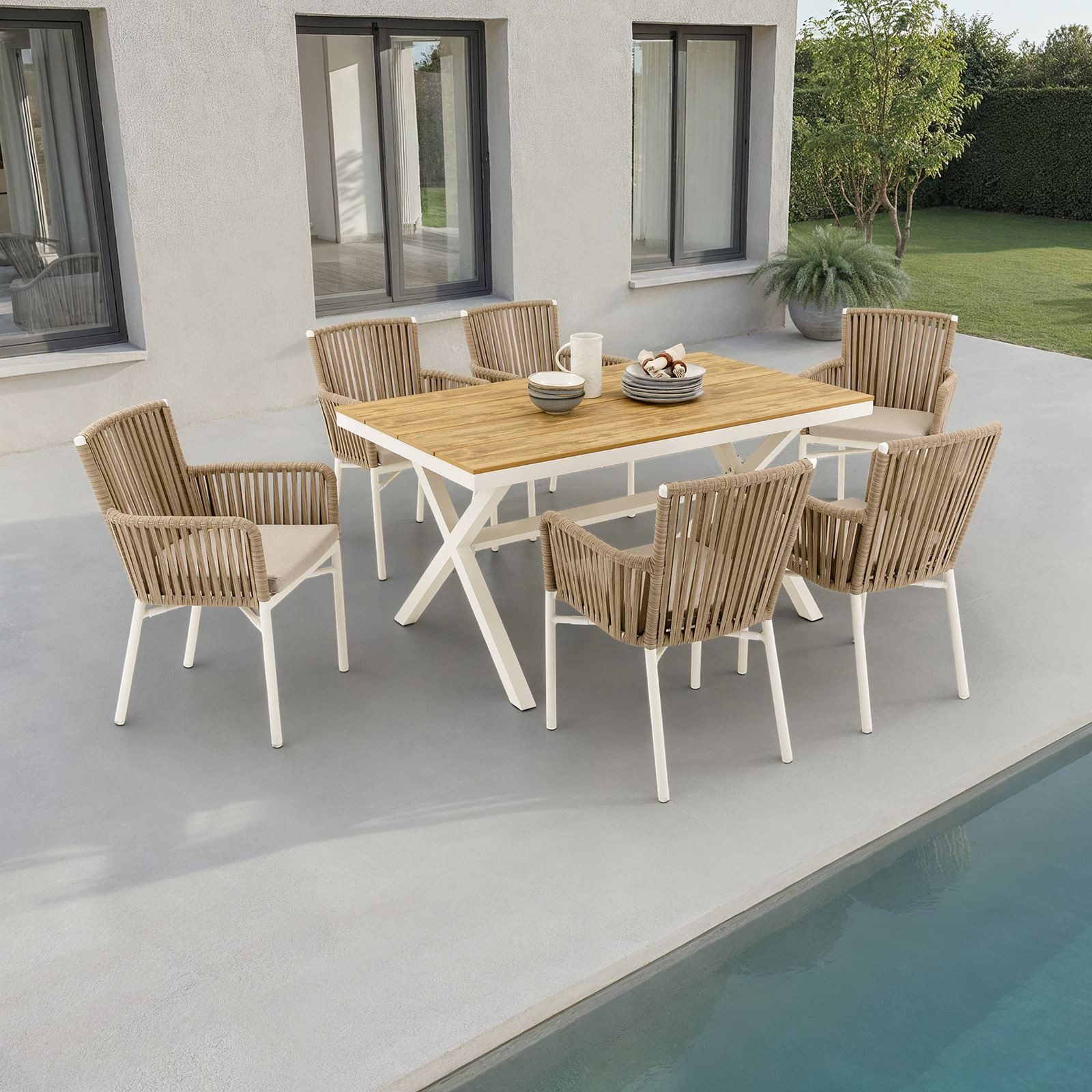 IDIMEX Garten-Essgruppe AFUERA, Gartenmöbel Set, 6 Personen wetterfest aus Alu und Rope weiß/grau