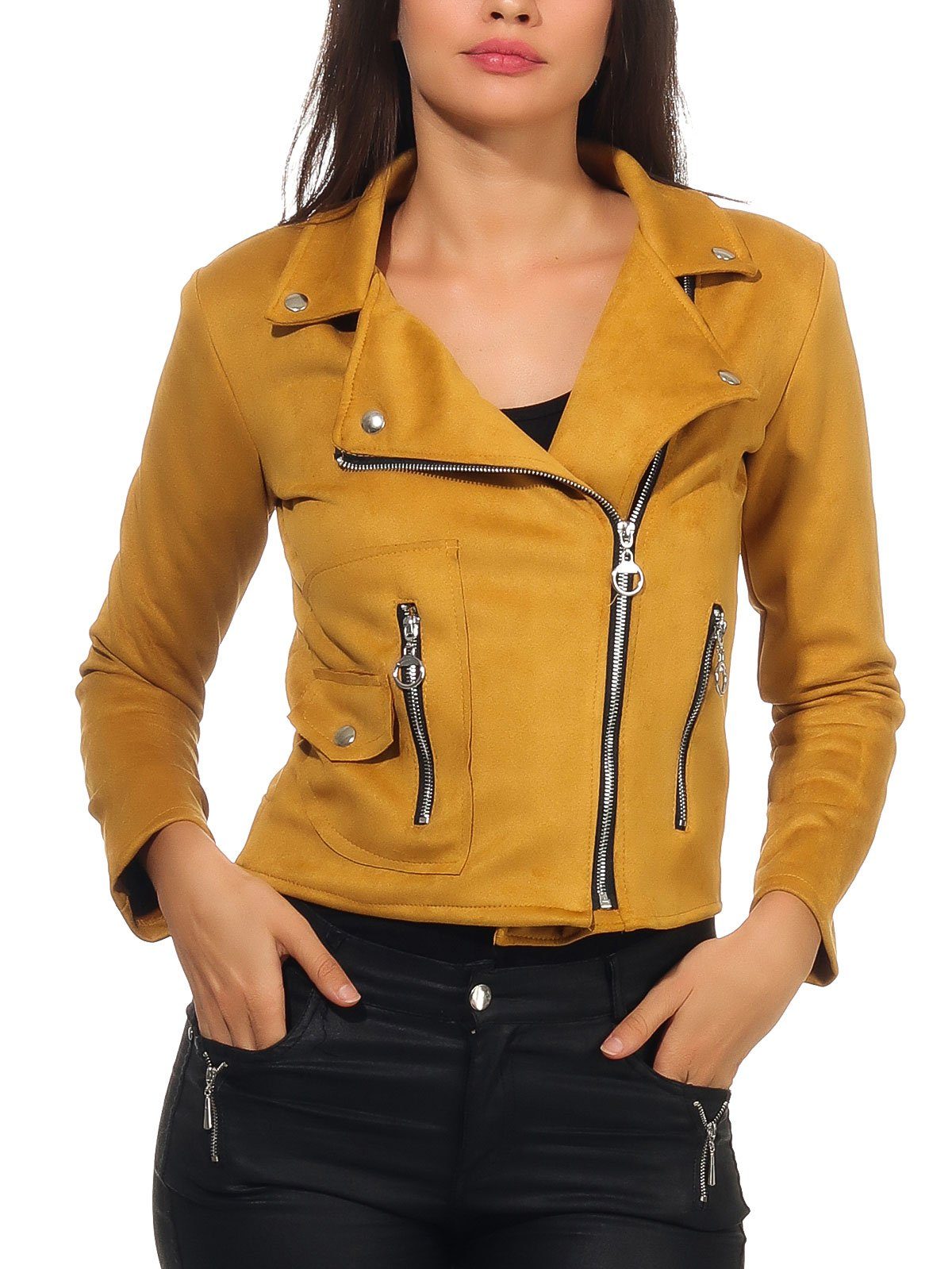 malito more than fashion Lederimitatjacke malito Damen Jacke, Velours Jacke, Biker Jacke mit Reißverschluss, Bikerjacke Slim Fit mit Reversekragen