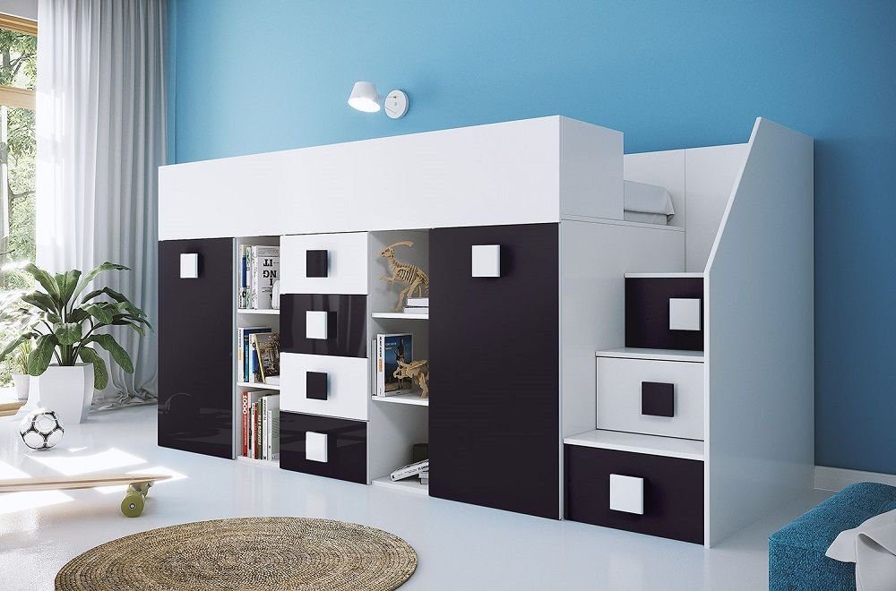 Feldmann-Wohnen Hochbett TOLEDO 3 (Etagenbett mit Schreibtisch + Kleiderschrank) Farbe wählbar - Treppe rechts weiß / schwarz Hochglanz - Griffe weiß / schwarz