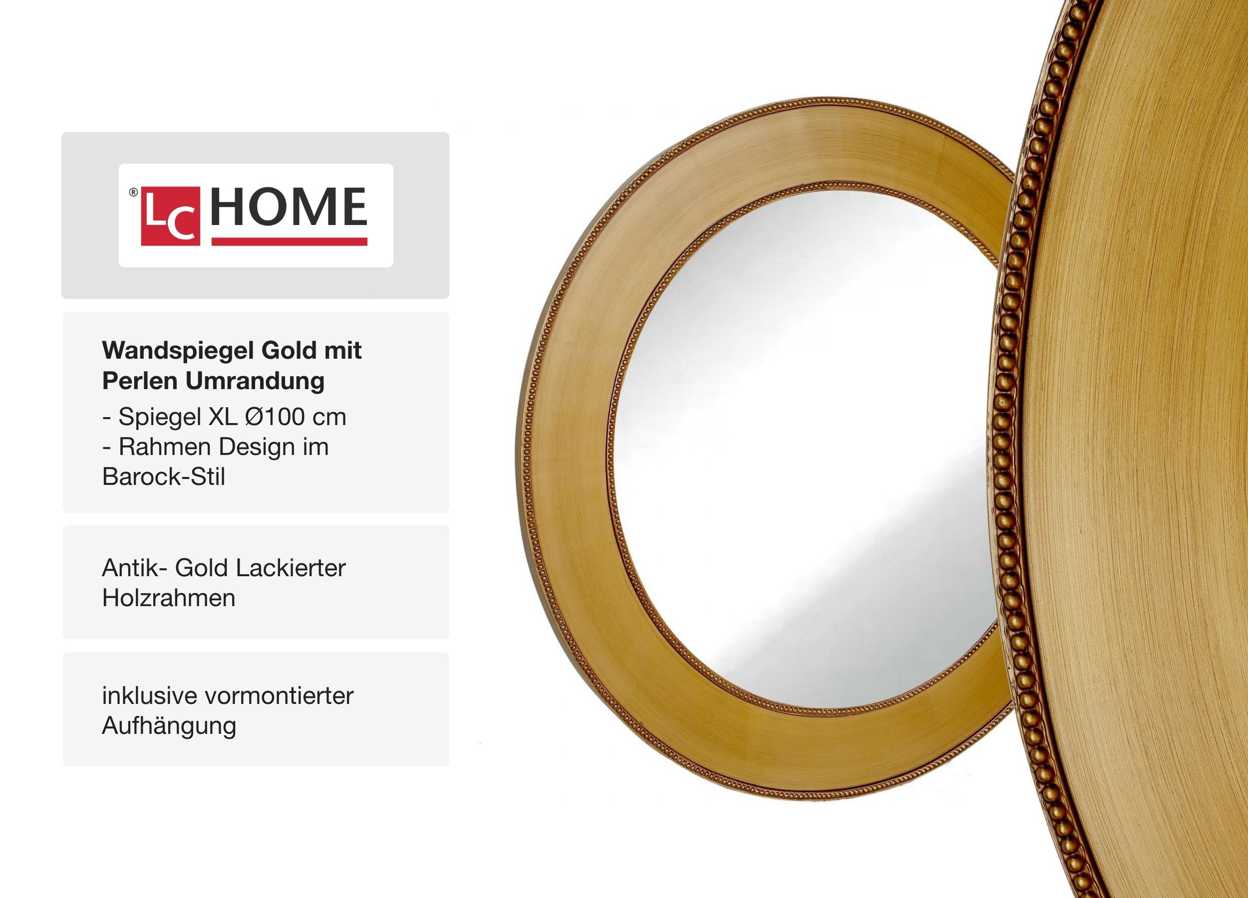 LC Home Wandspiegel Wandspiegel »Barock« Ø90 cm mit Perlenumrandung