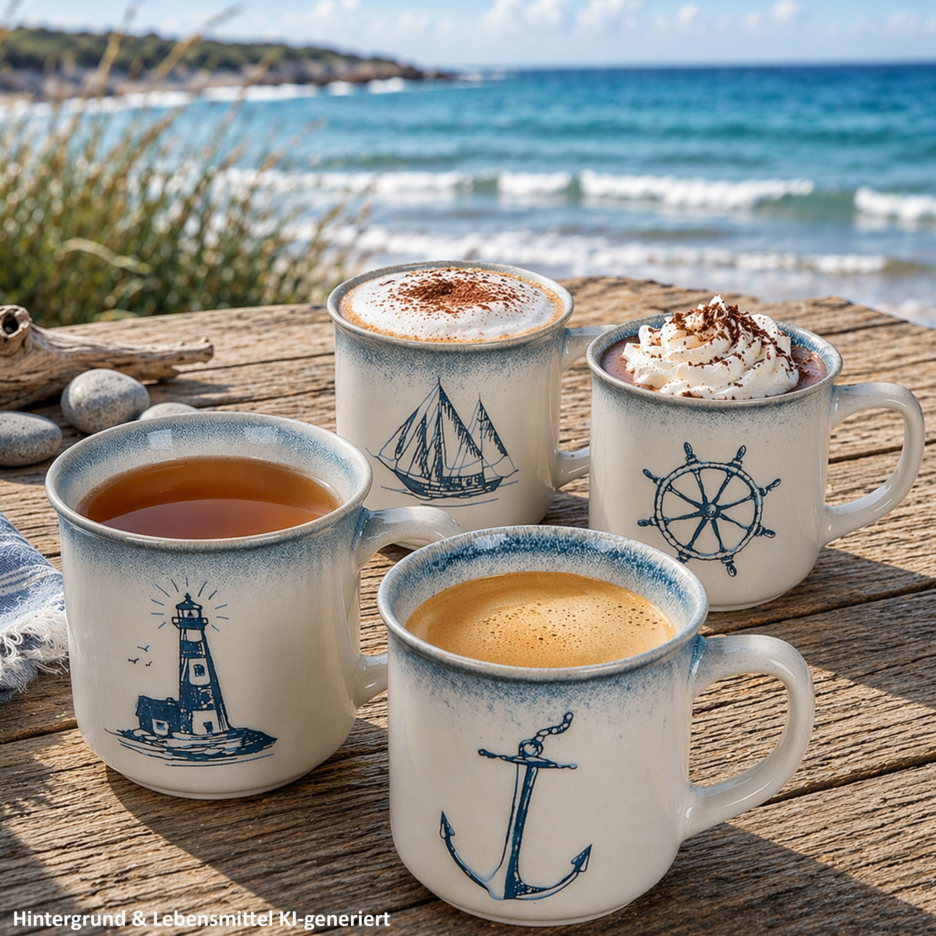 MamboCat Becher MamboCat 4x Martin Kaffeebecher Keramik blau maritime Motive Tee-Tasse, Keramik