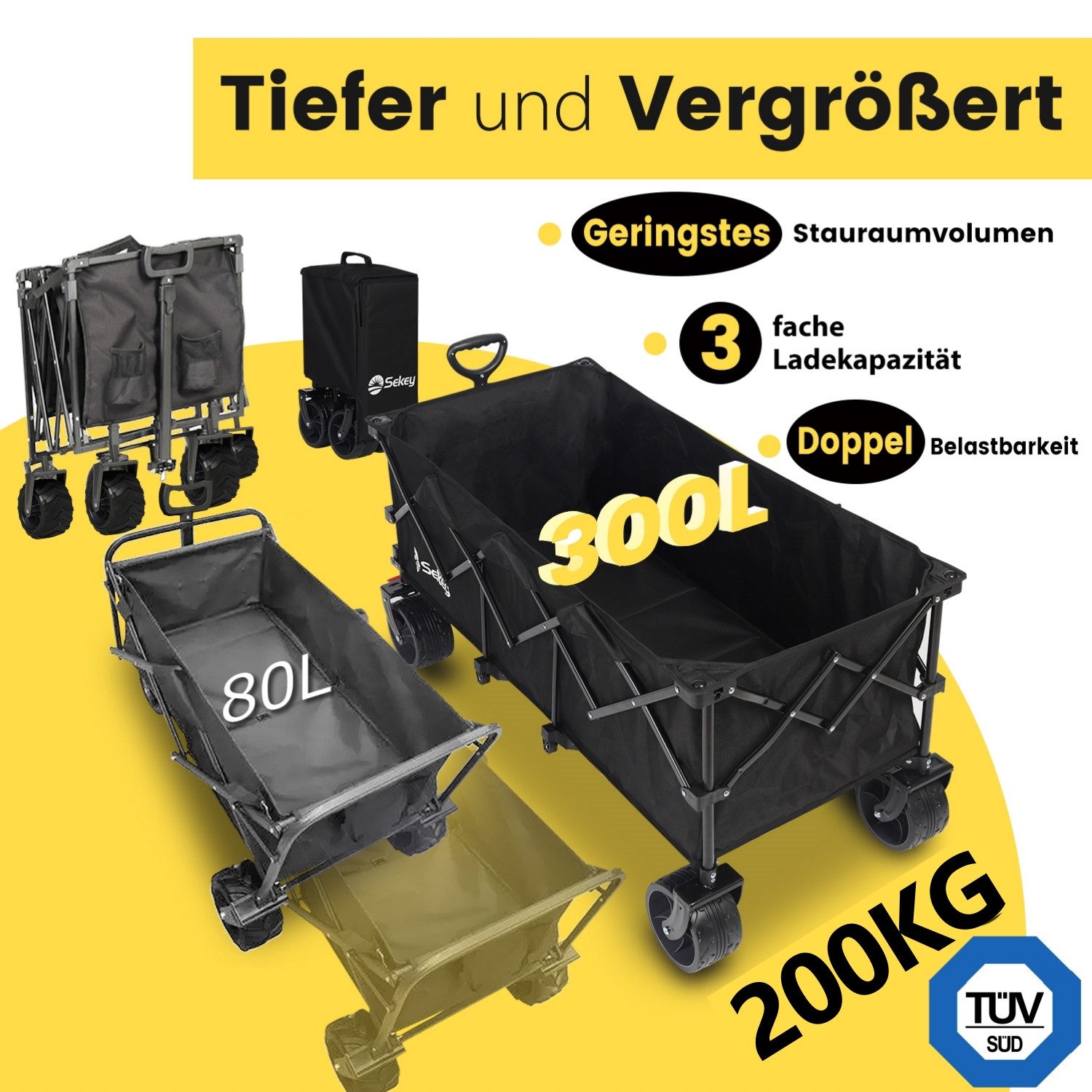 Sekey Bollerwagen Faltbar Handwagen Klappbar Transportwagen XXXL Superlang, 300L, 200KG, Alle-Terrain Reifen, Ultrakompakt Faltbar & mit Bremsen