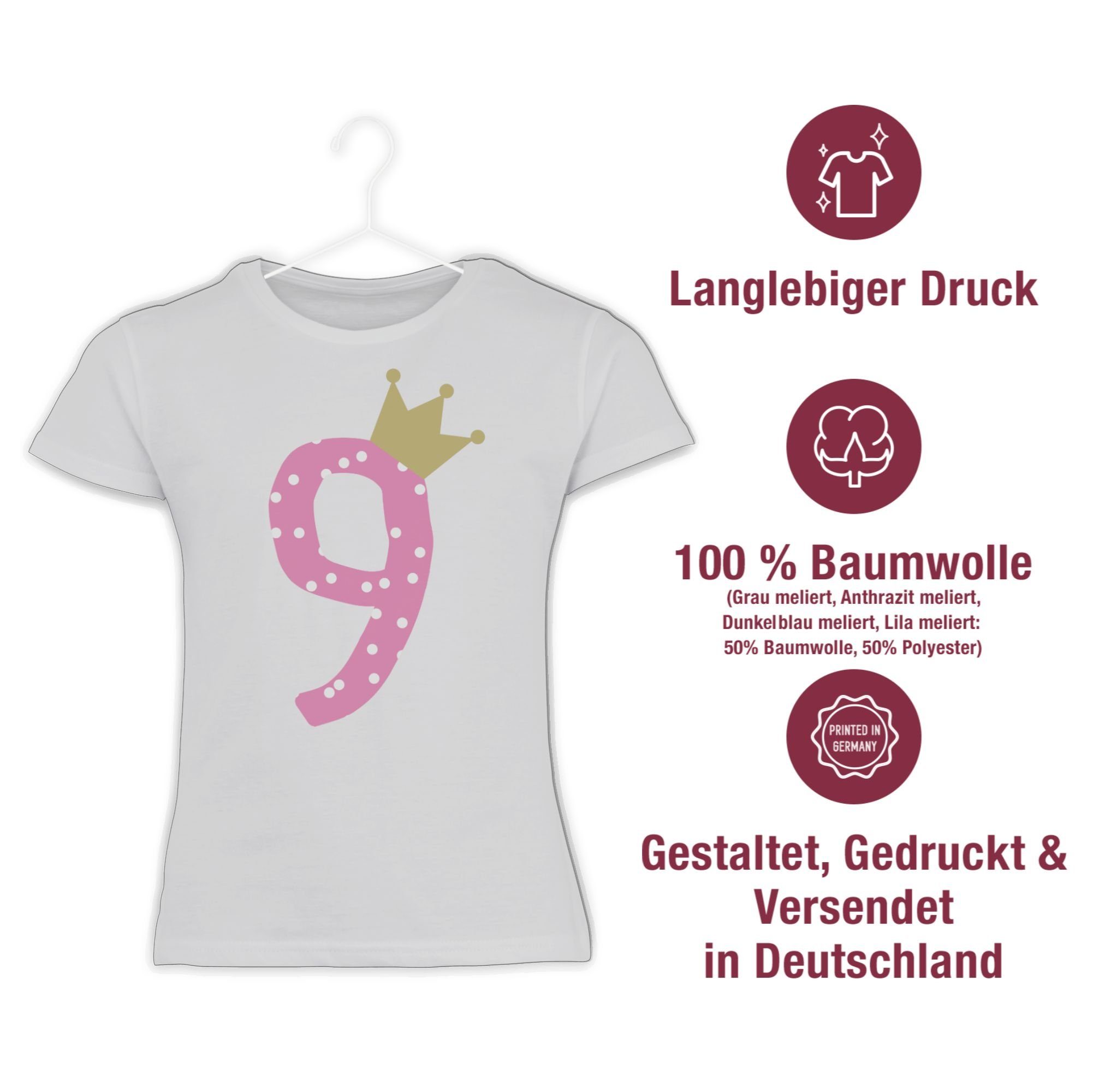 Weiß Neunter T-Shirt Mädchen Neun Krone 1 Shirtracer Geburtstag 9.