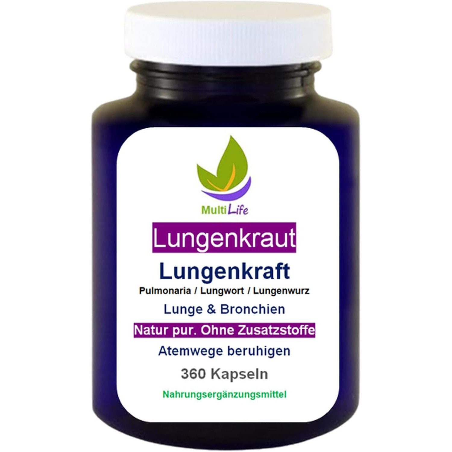 MultiLife Lungenkraut - LUNGE & ATEMWEGE - Pulmonaria Lungwort Lungenwurz Kapseln, 1 er Dose à 360 St., 147 g, Art. 27380-360