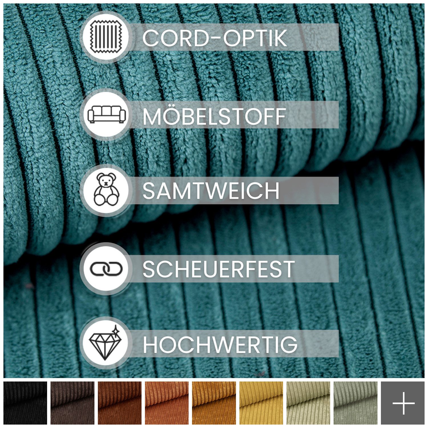 novely® Stoff PORTO - Polsterstoff in Breitcord-Optik - Ultraweicher Möbelstoff, Samtige Haptik, Reißfest, Fusselfrei, Robust, Meterware, 1lfm – Bild 2 von 5