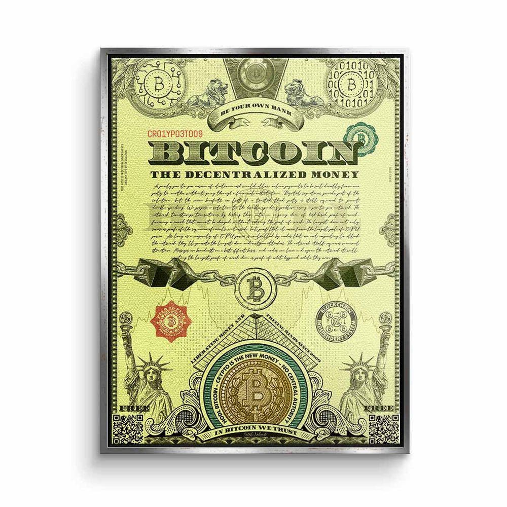 DOTCOMCANVAS® Leinwandbild, Leinwandbild Bitcoin crypto currency Krypto mit premium Rahmen silberner Rahmen