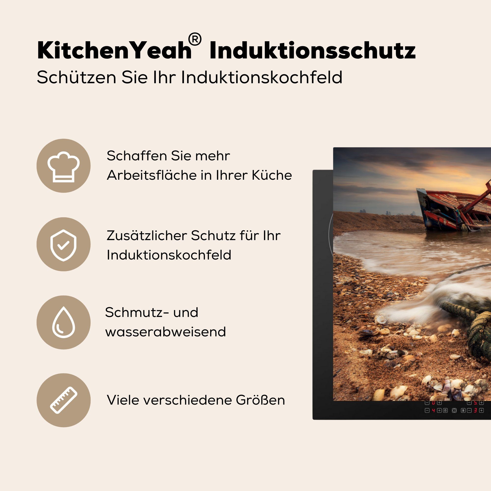 MuchoWow Herdblende-/Abdeckplatte Schiffswrack Schutz küche, Ceranfeldabdeckung Induktionskochfeld orangefarbenem liegt die für Meer im seitlich cm, mit (1 Vinyl, 81x52 tlg), Himmel