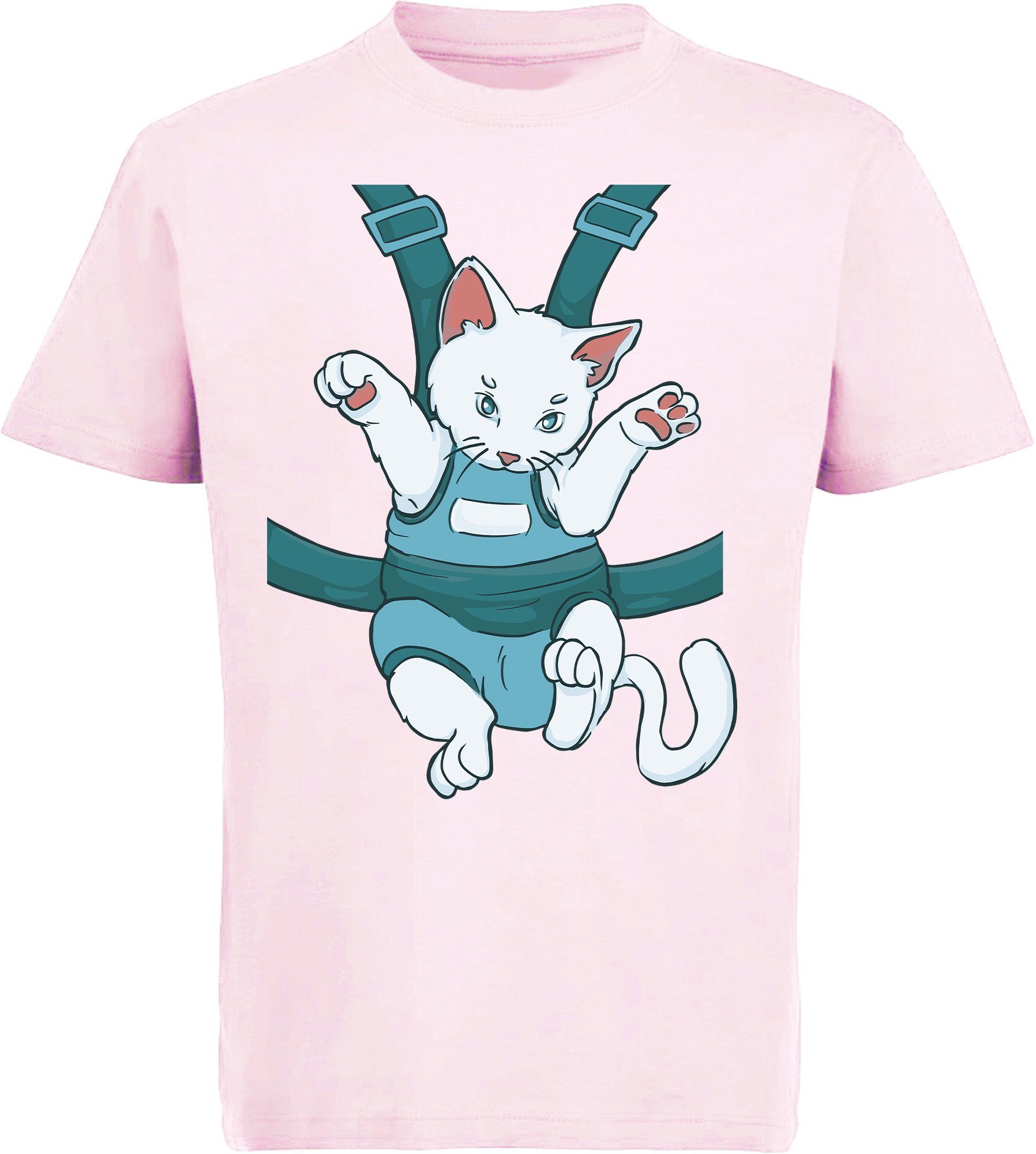 MyDesign24 Print-Shirt bedrucktes Mädchen T-Shirt Katze in einem Tragegurt Baumwollshirt mit Katze, weiß, schwarz, rot, rosa, i110