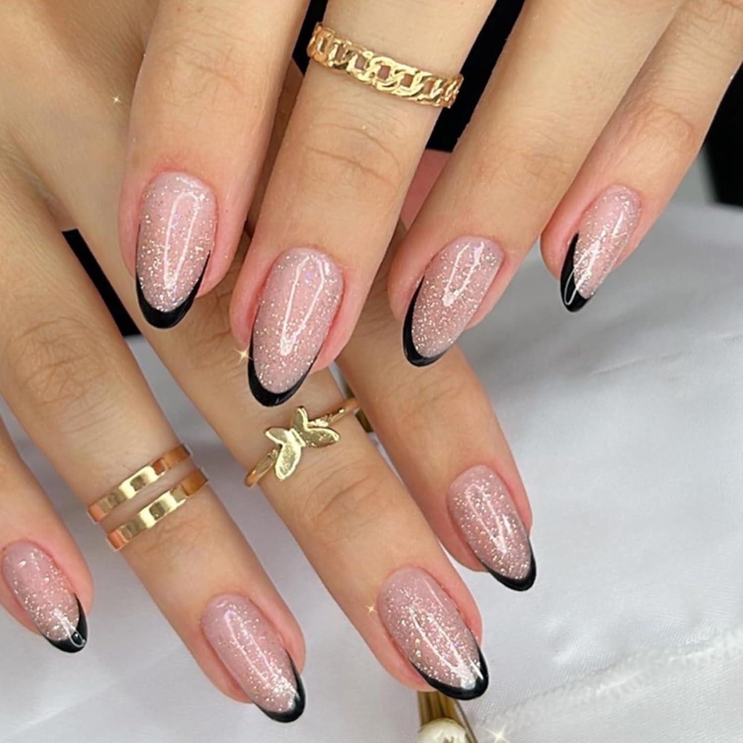 Kunstfingernägel 24 Stück Schwarz Glänzende Kunstnägel Press on Nails Mandelform mit