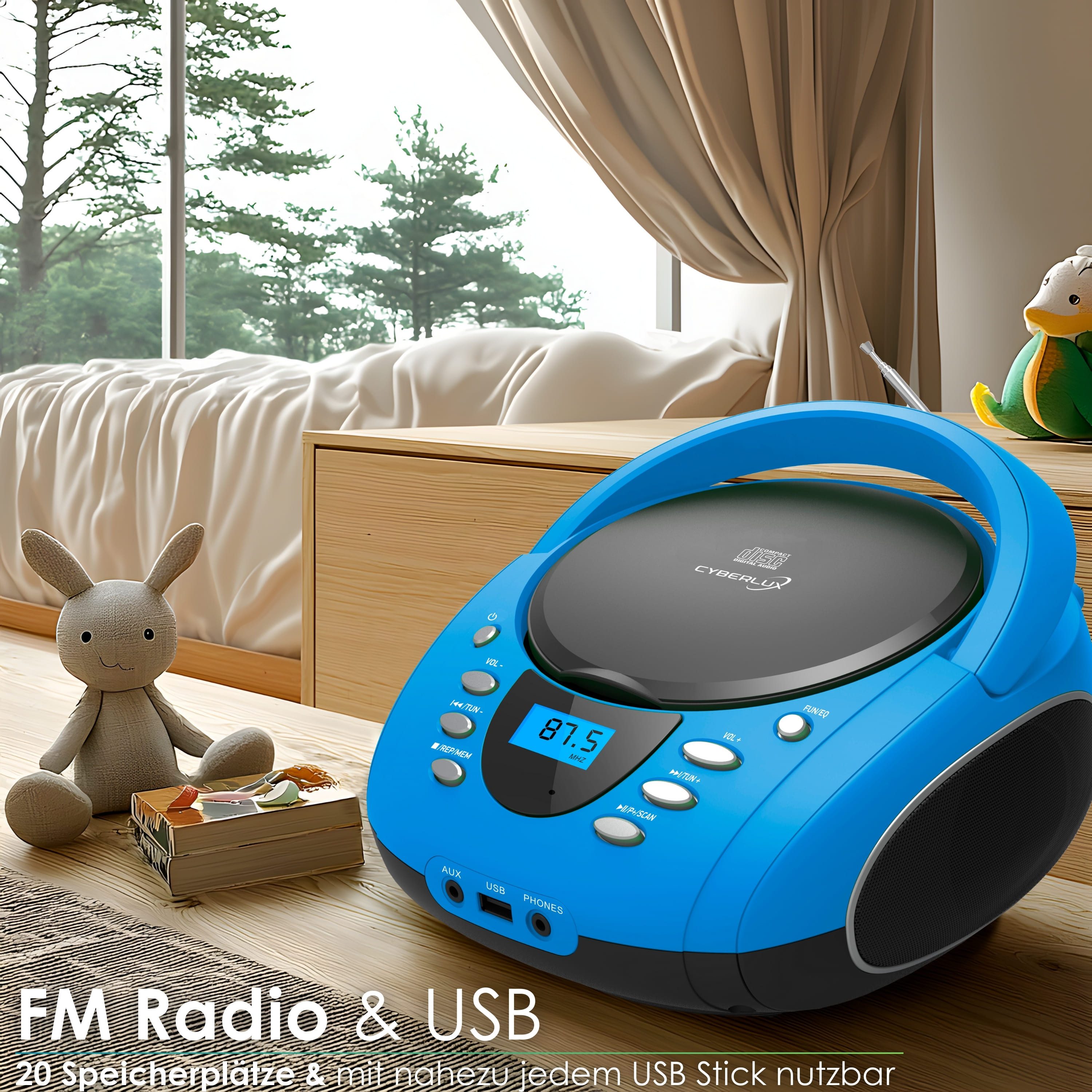 Cyberlux CL-710 tragbarer CD-Player (CD, Kinder CD Player tragbar, Boombox, Musikbox, FM Radio mit MP3 USB)