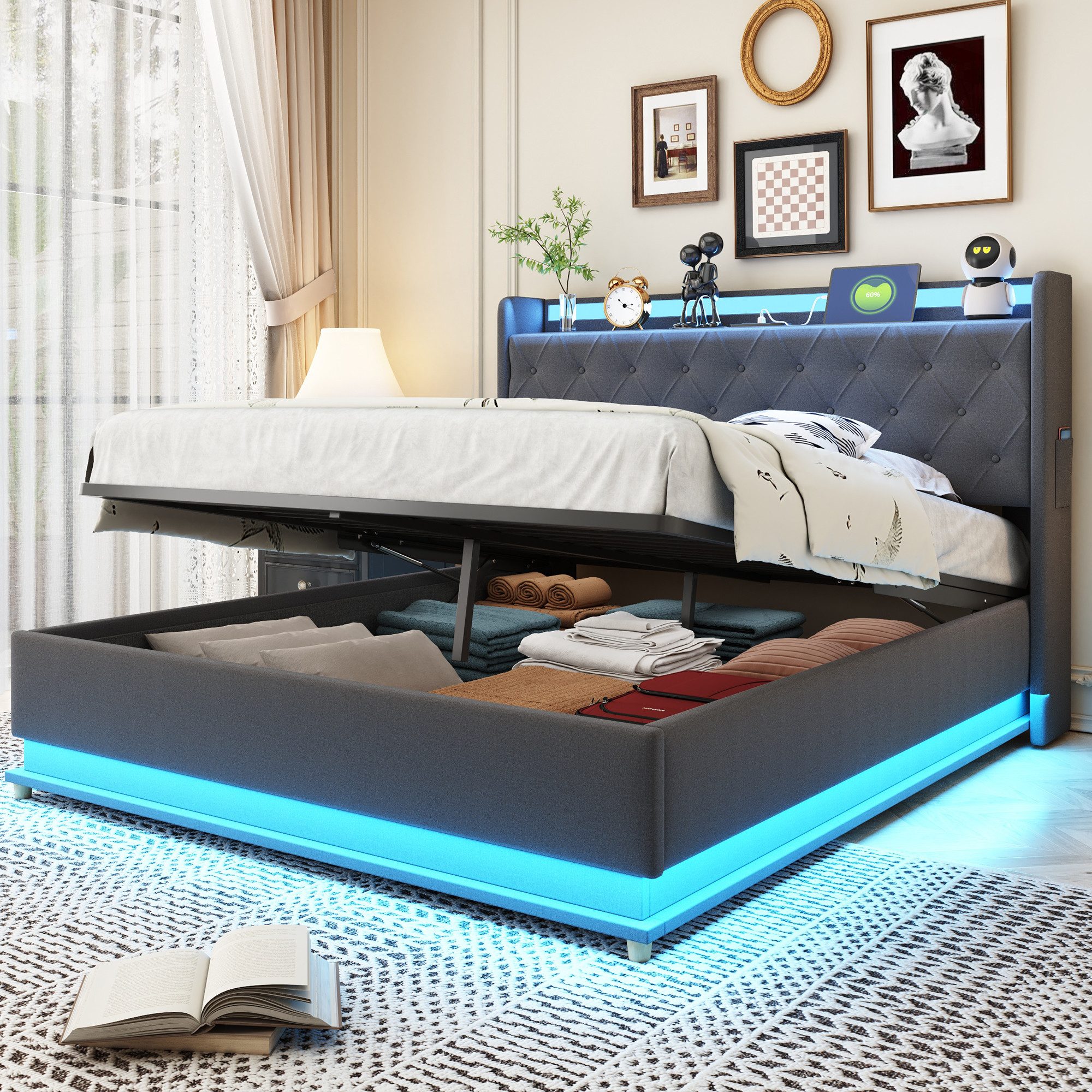 Flieks Polsterbett, LED Hydraulisches Stauraumbett Doppelbett günstig online kaufen