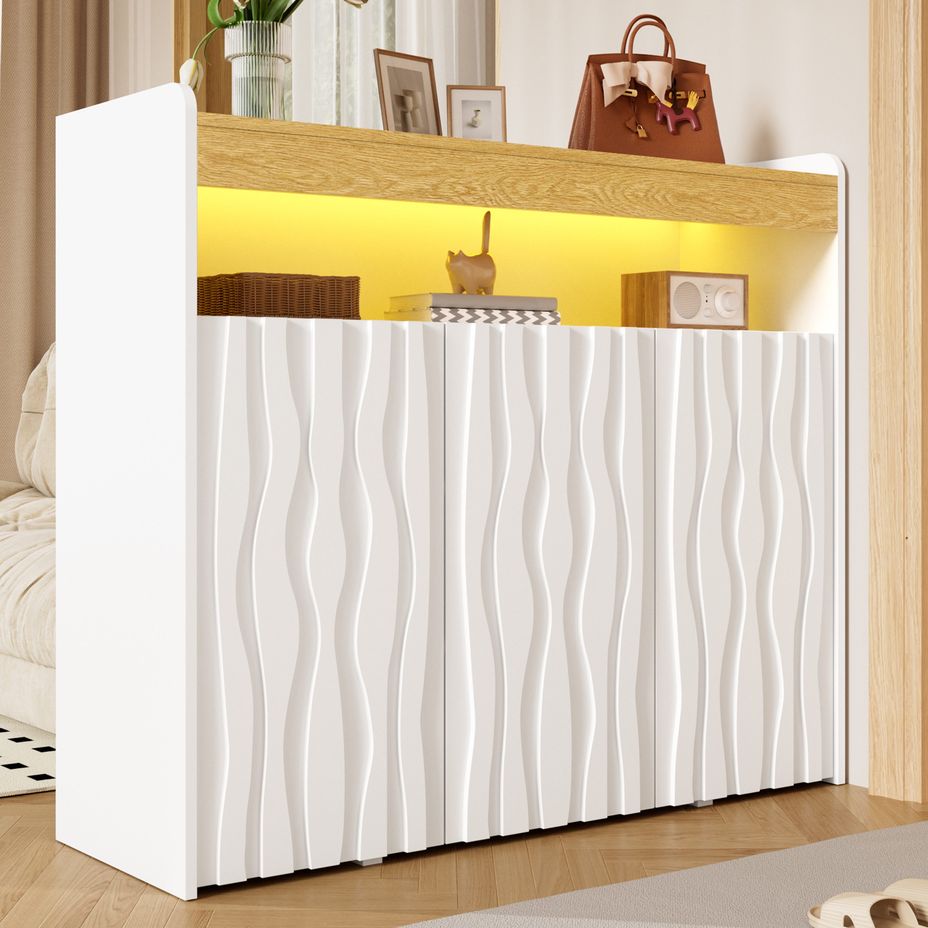 Flieks Sideboard Mehrzweckschrank mit LED-Beleuchtung & 3 Türen in Wellenmuster-Design (B105×H90,5×T35 cm, 1 St., mit offenem Ablagefach und Verstellbaren Einlegeböden), Schuhschrank mit Arbeitsplatte in Holzoptik Wohnzimmerschrank Weiß