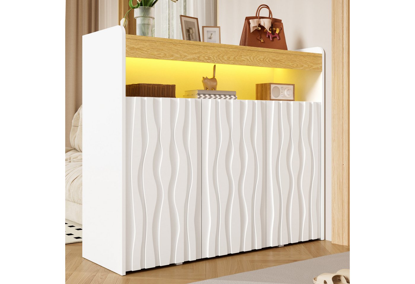 Flieks Sideboard Mehrzweckschrank mit LED-Beleuchtung & 3 Türen in Wellenmuster-Design (B105×H90,5×T35 cm, 1 St., mit offenem Ablagefach und Verstellbaren Einlegeböden), Schuhschrank mit Arbeitsplatte in Holzoptik Wohnzimmerschrank Weiß
