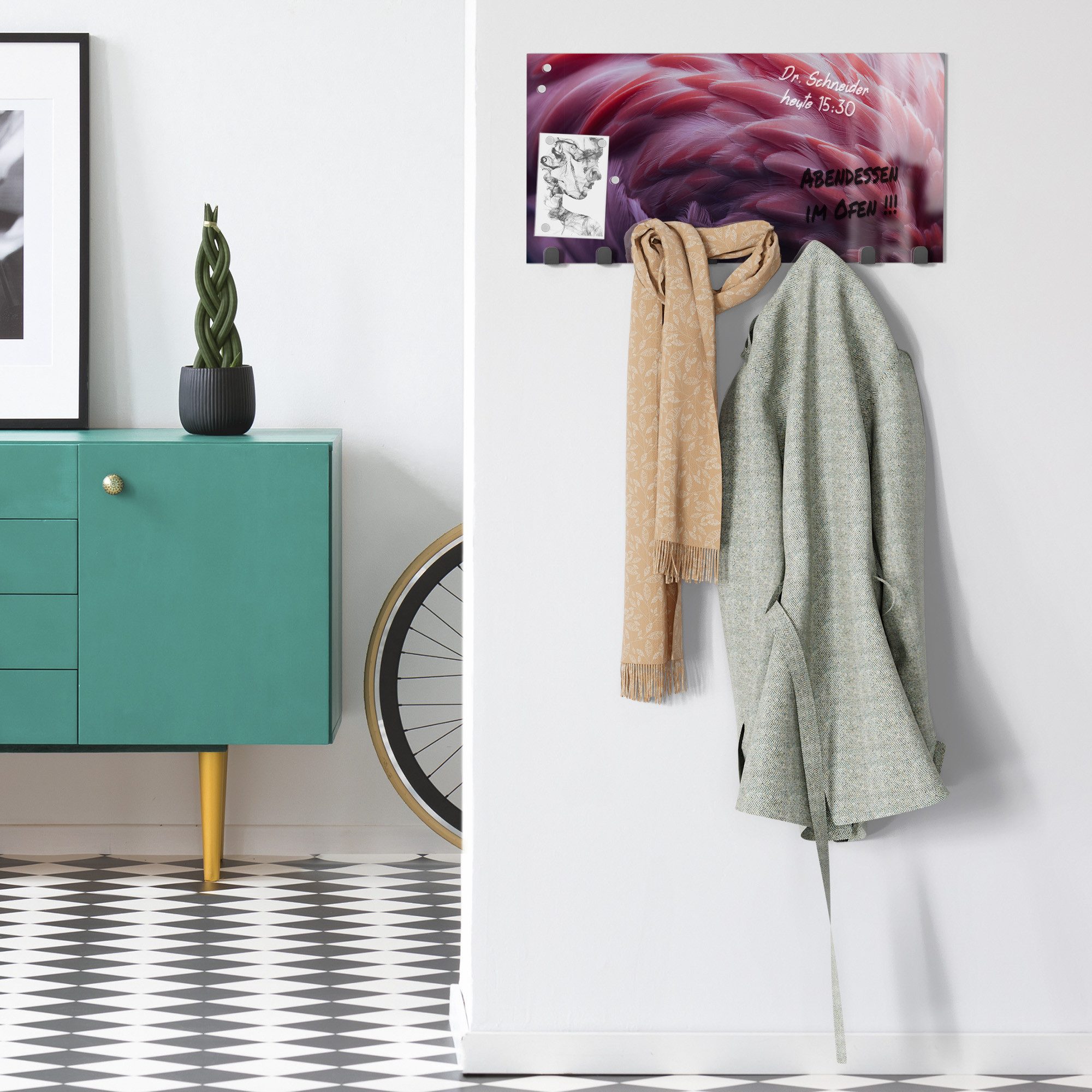 DEQORI Kleiderhaken 'Rosarote Pracht', Glas Garderobe Paneel magnetisch beschreibbar