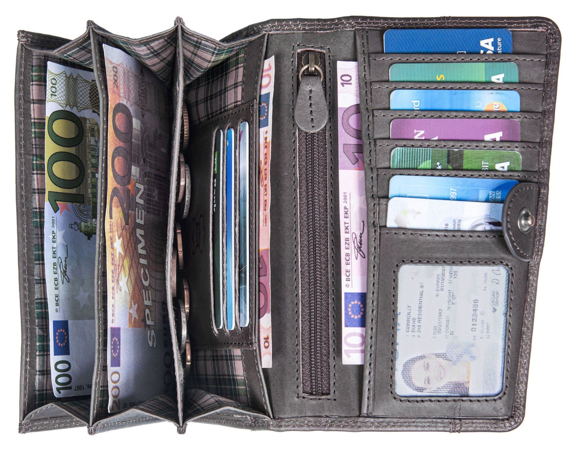 Benthill Geldbörse Portemonnaie Leder Reißverschlussfach Grau Groß Kartenfächer Münzfach Kartenfächer Geldbeutel RFID, vielen RFID-Schutz Damen Echt