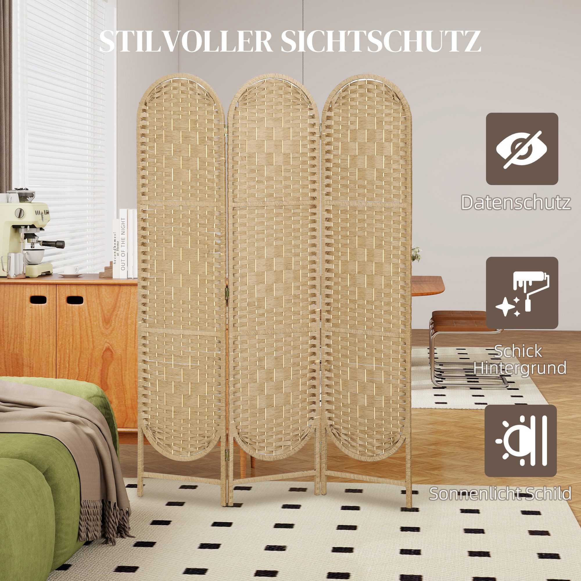 HOMCOM Paravent Freistehend für Wohnräume (Set, 3 St., 3-teilig), 3-teilig, faltbar, Boho, Bogendach – Bild 4 von 5