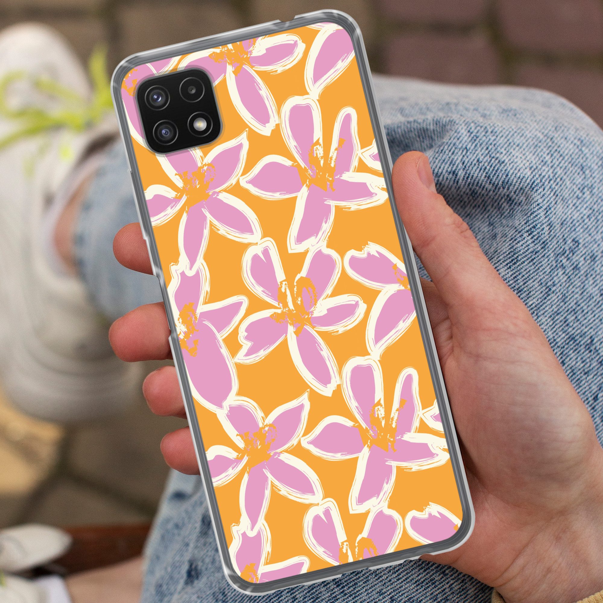 MuchoWow Handyhülle für Samsung Galaxy A22 5G Blumen - Muster - Rosa - Orange, Smartphone-Bumper, Print, Handy Schutzhülle Dünn