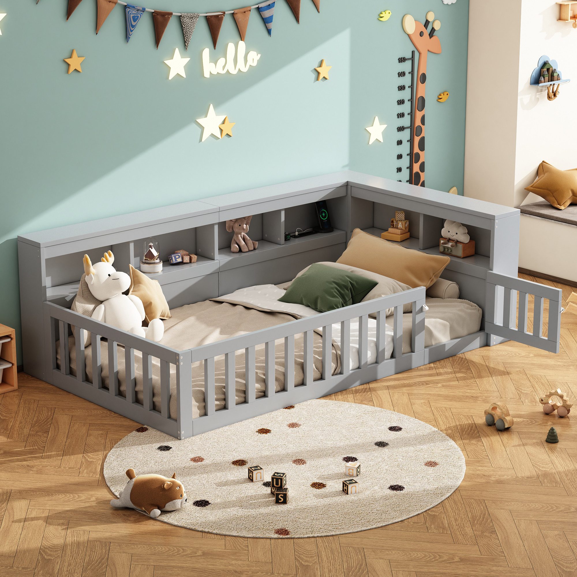 Flieks Holzbett, Kinderbett Daybett 90x200cm mit Stauraum, Aufladen und Geländer