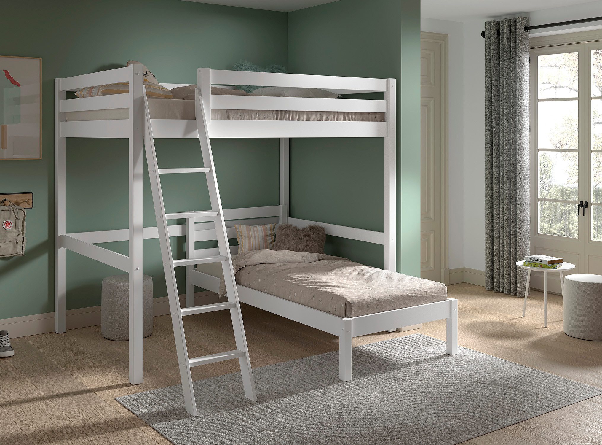 Vipack Hochbett mit 2 Liegeflächen 140+90/200 Made in Europe, Kiefer massiv weiß (B/H/T ca.209,4x190x214,7cm) Leiter schräg angestellt, stabil gebaut) Raum unter dem Bett kann genutzt werden, Einzelbett separt stellbar