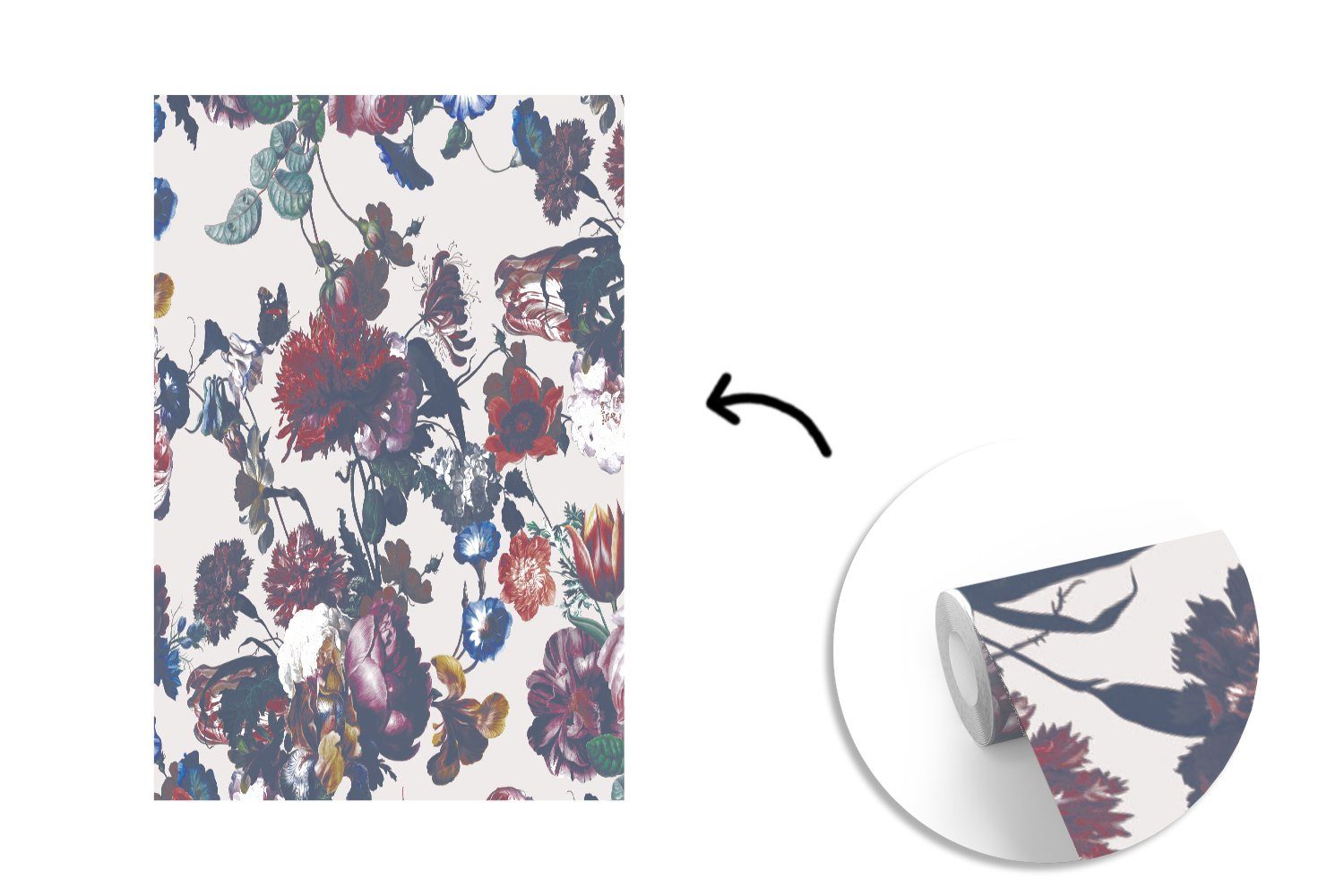 Wandtapete Muster Matt, Vintage, für Blumen MuchoWow - Tapete Wohnzimmer, bedruckt, (3 Montagefertig Vinyl St), - Fototapete