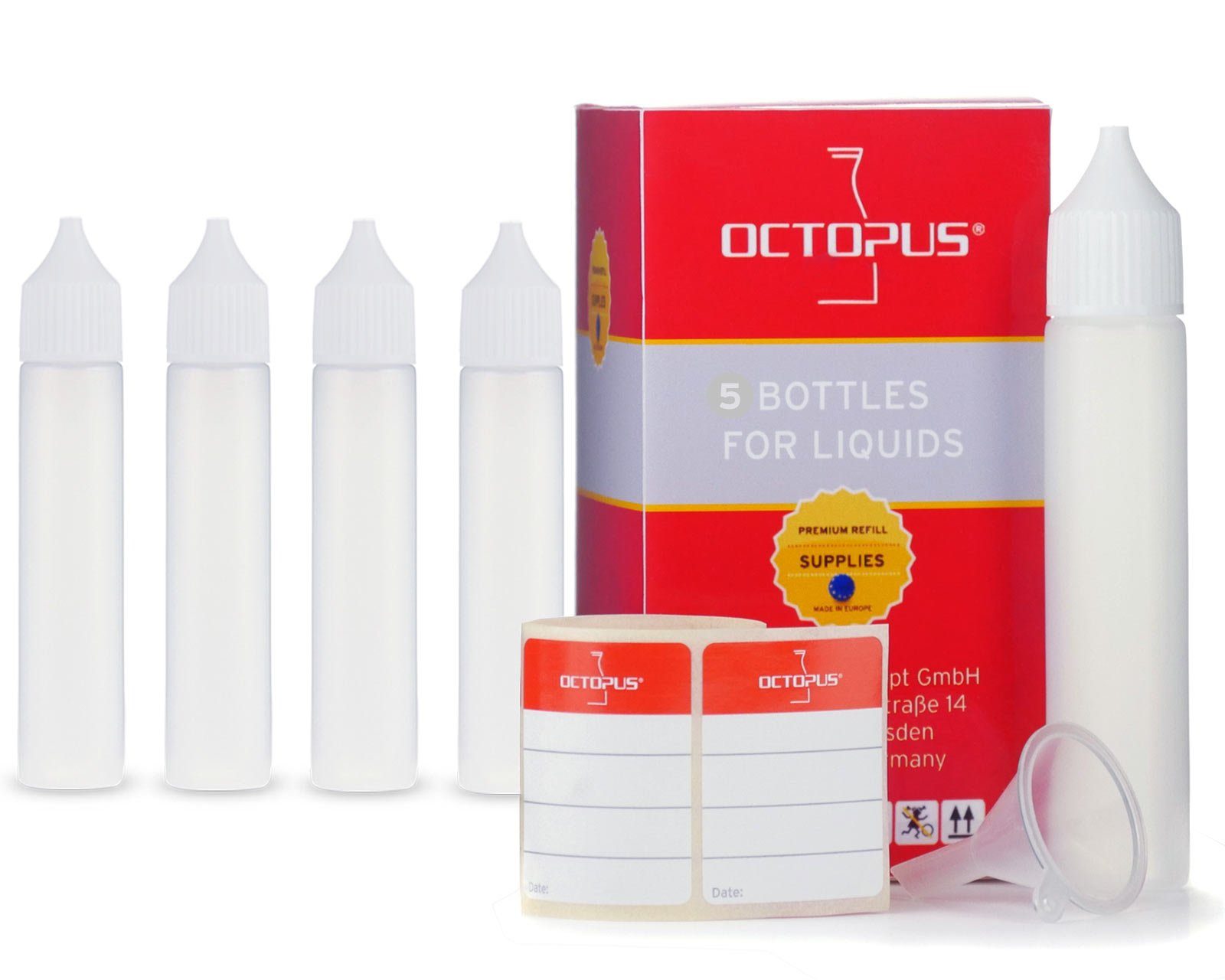OCTOPUS Kanister 5 Plastikflaschen 30 ml länglich aus LDPE, G18, Tropfeinsatz, Deckel (5 St)
