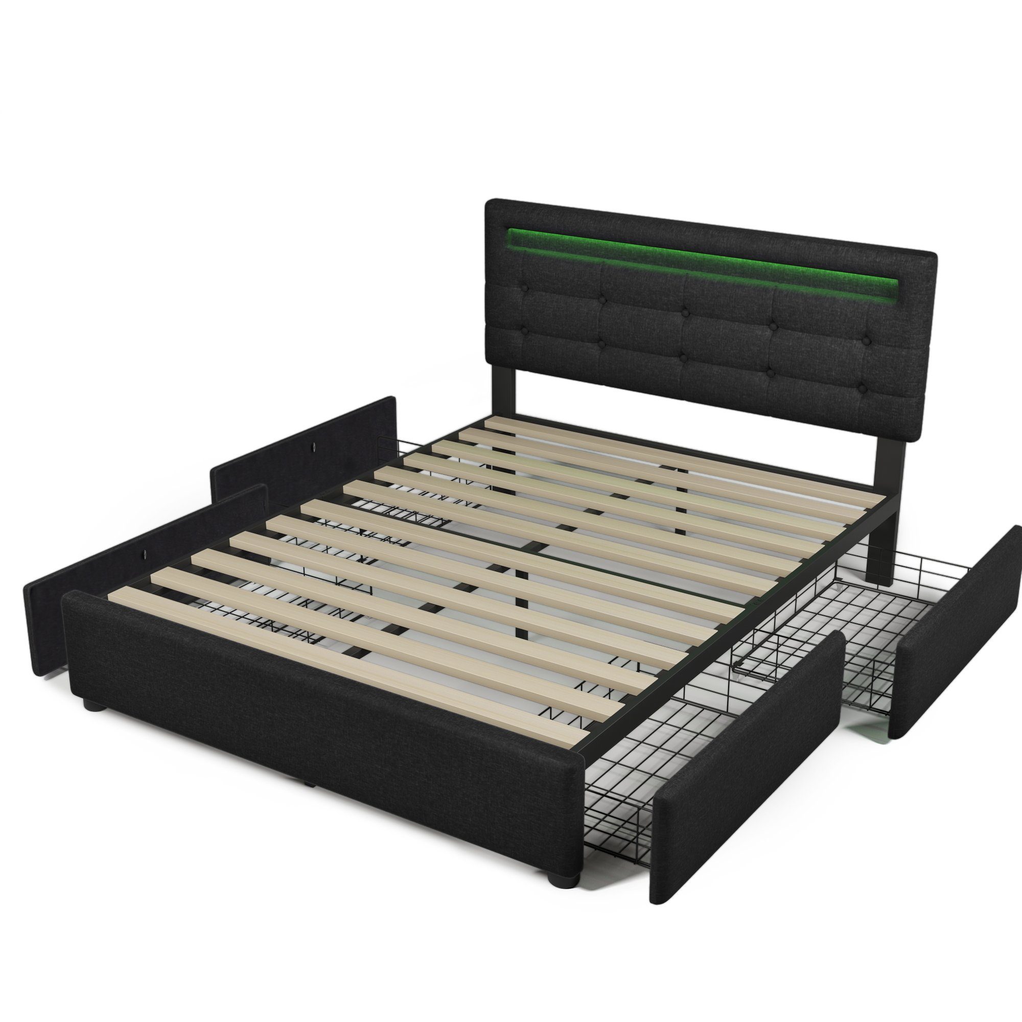 Polsterbett (mit LED-Beleuchtung, Fernbedienung und verstellbarem Kopfteil), Doppelbett mit Matratze, 4 Schubladen, Leinen, 140x200cm Bett