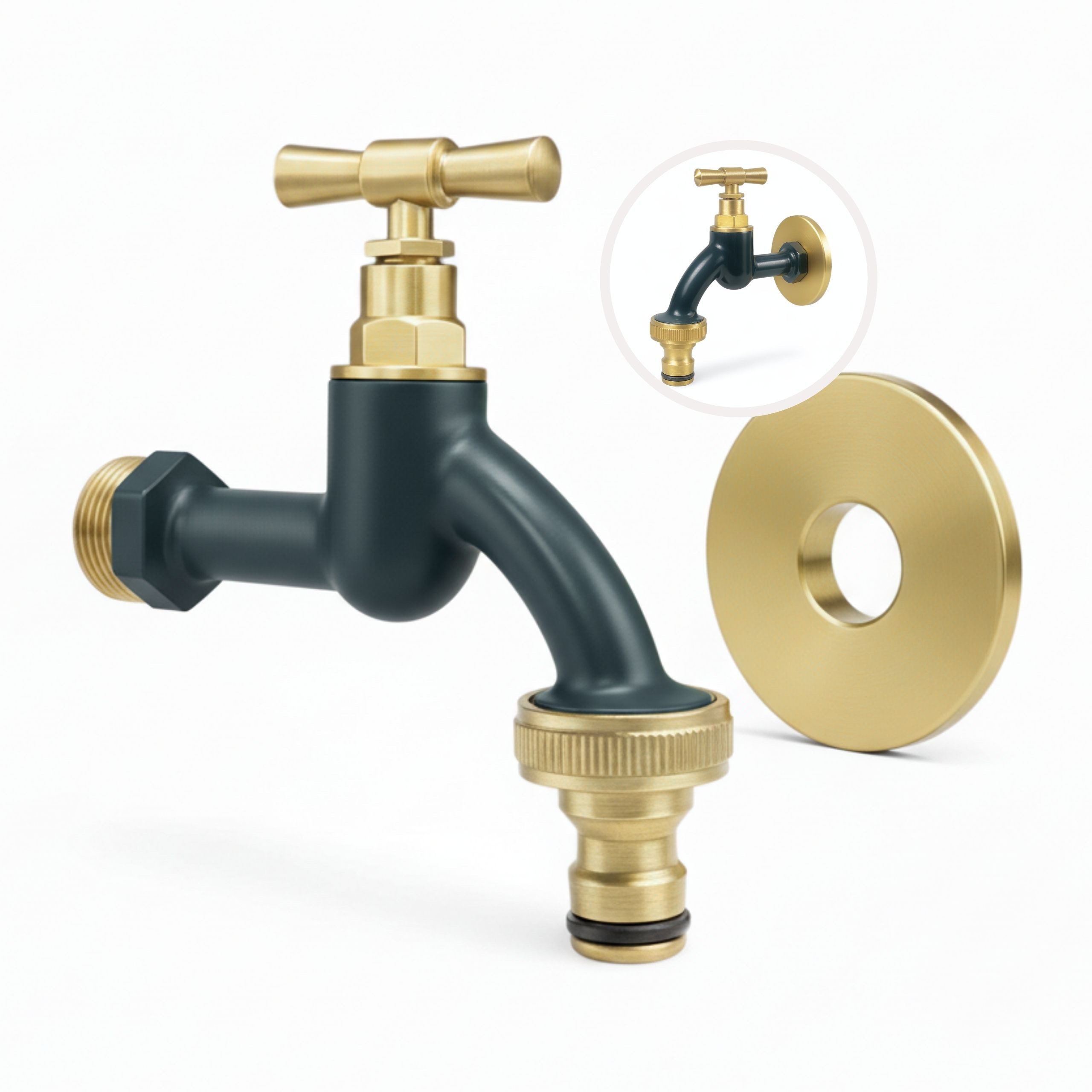 LIVLIG Kugelhahn Wasserhahn Garten, Außenwasserhahn mit Rosettengarnitur 1/2 Zoll, frostsicher, pulverbeschichtet, goldene Akzente