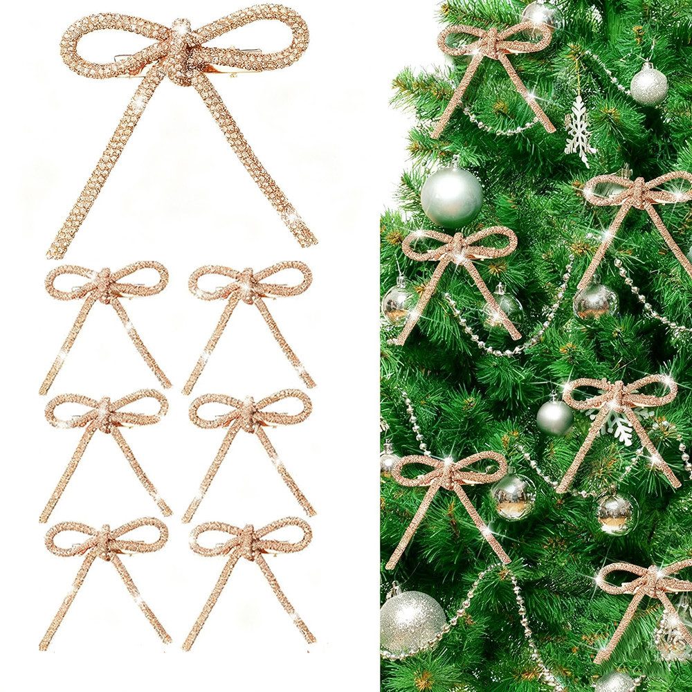 CLTYQ Christbaumschmuck Schleifen mit Strasssteinen und gold-champagnerfarbener Glitzeroptik (6-tlg), für Weihnachtsbaum, Kranz, Girlande und Geschenkverpackung