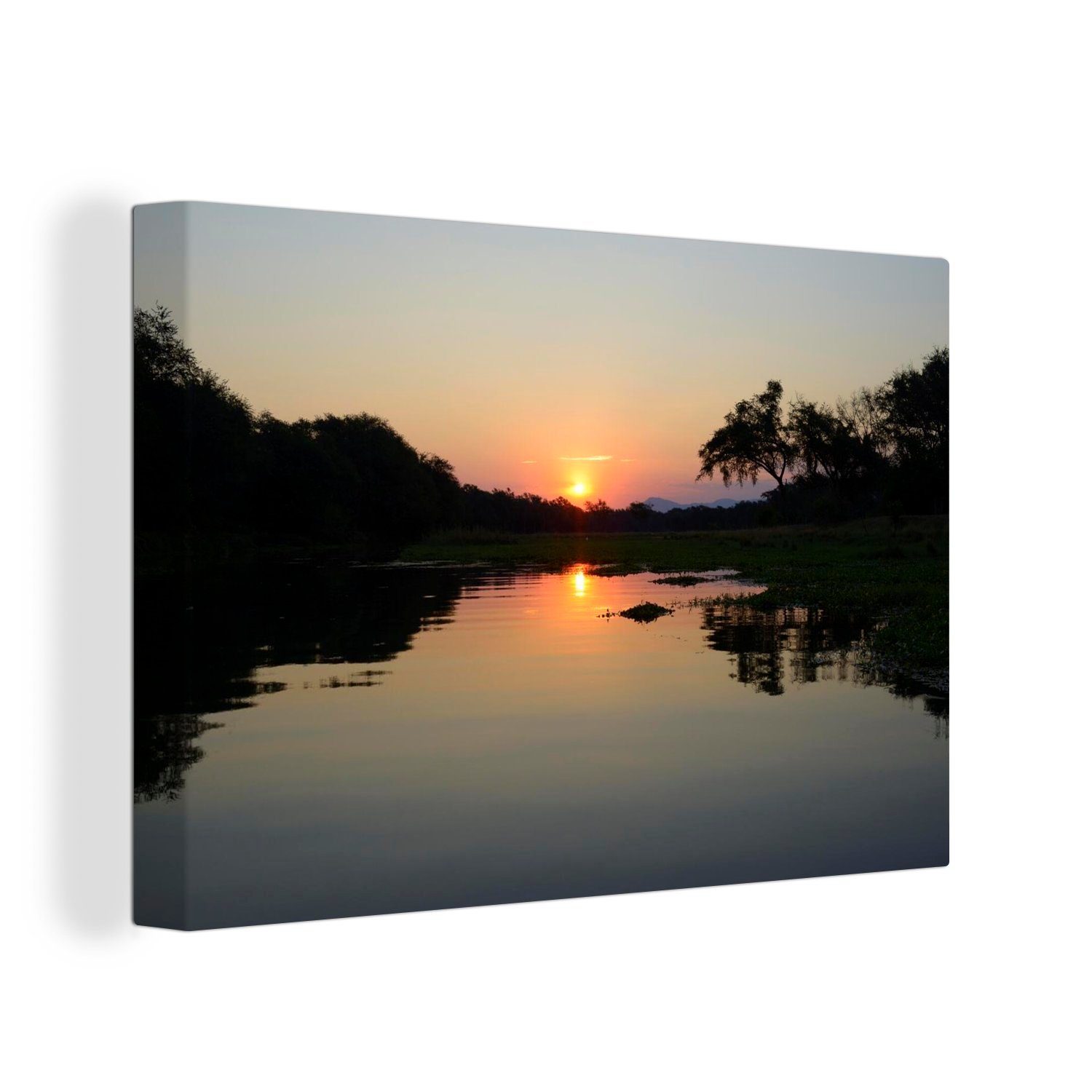 OneMillionCanvasses® Leinwandbild Sonnenuntergang am Sambesi-Fluss im Lower Zambezi National Park, (1 St), Wandbild Leinwandbilder, Aufhängefertig, Wanddeko, 30x20 cm