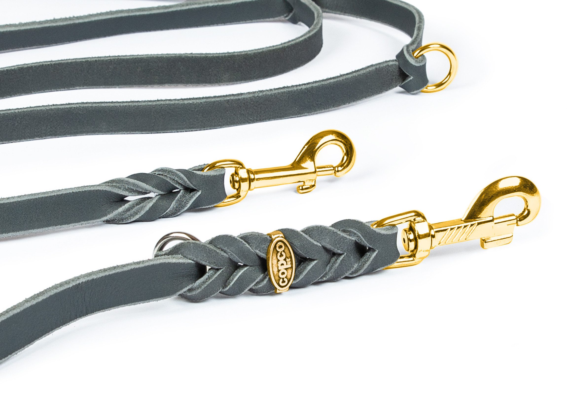 CopcoPet Hundeleine Fettlederleine Hundeleine geflochten dreifach verstellbar Messing, Leder