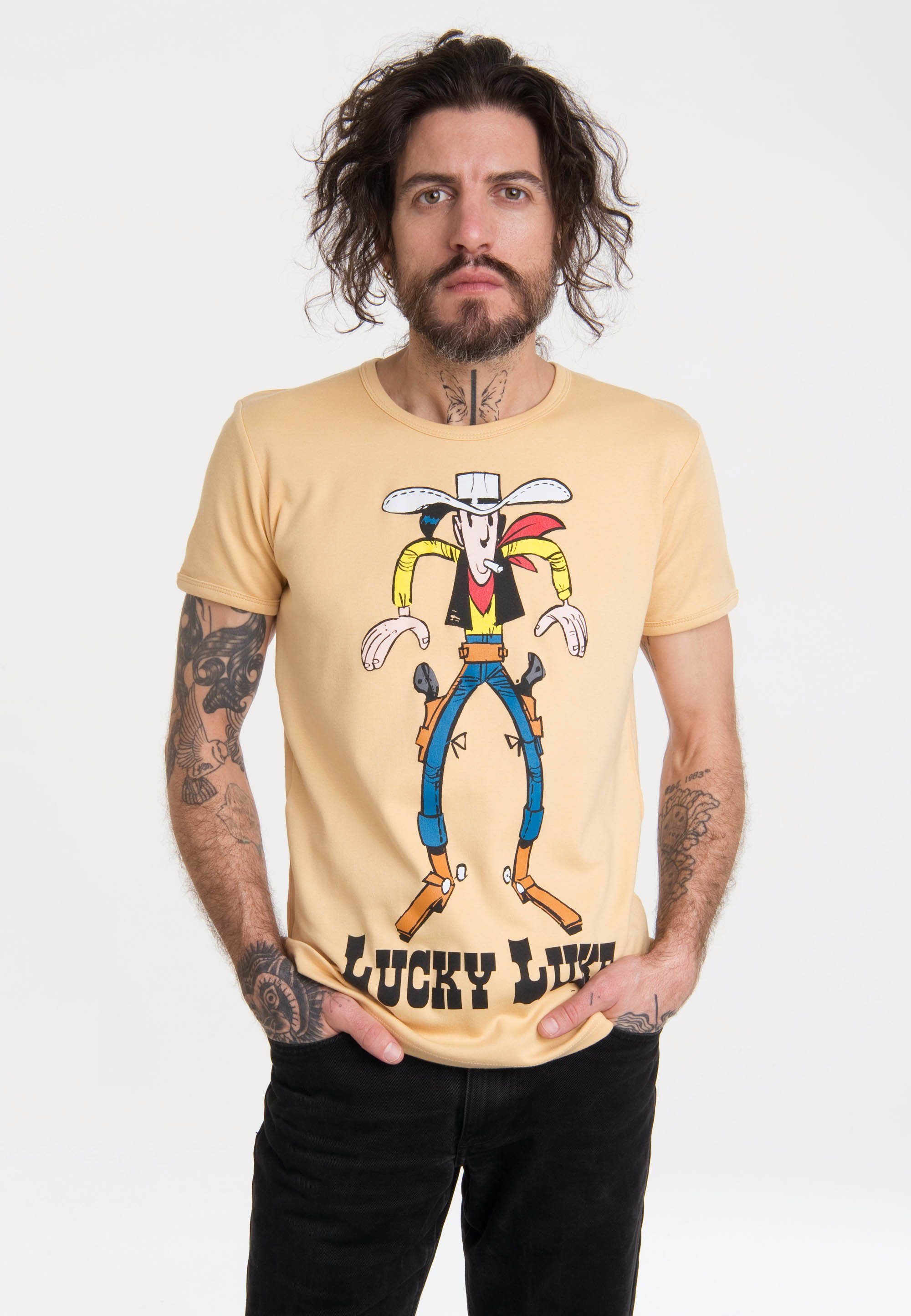 LOGOSHIRT T-Shirt Lucky Luke mit coolem Western-Print ocker