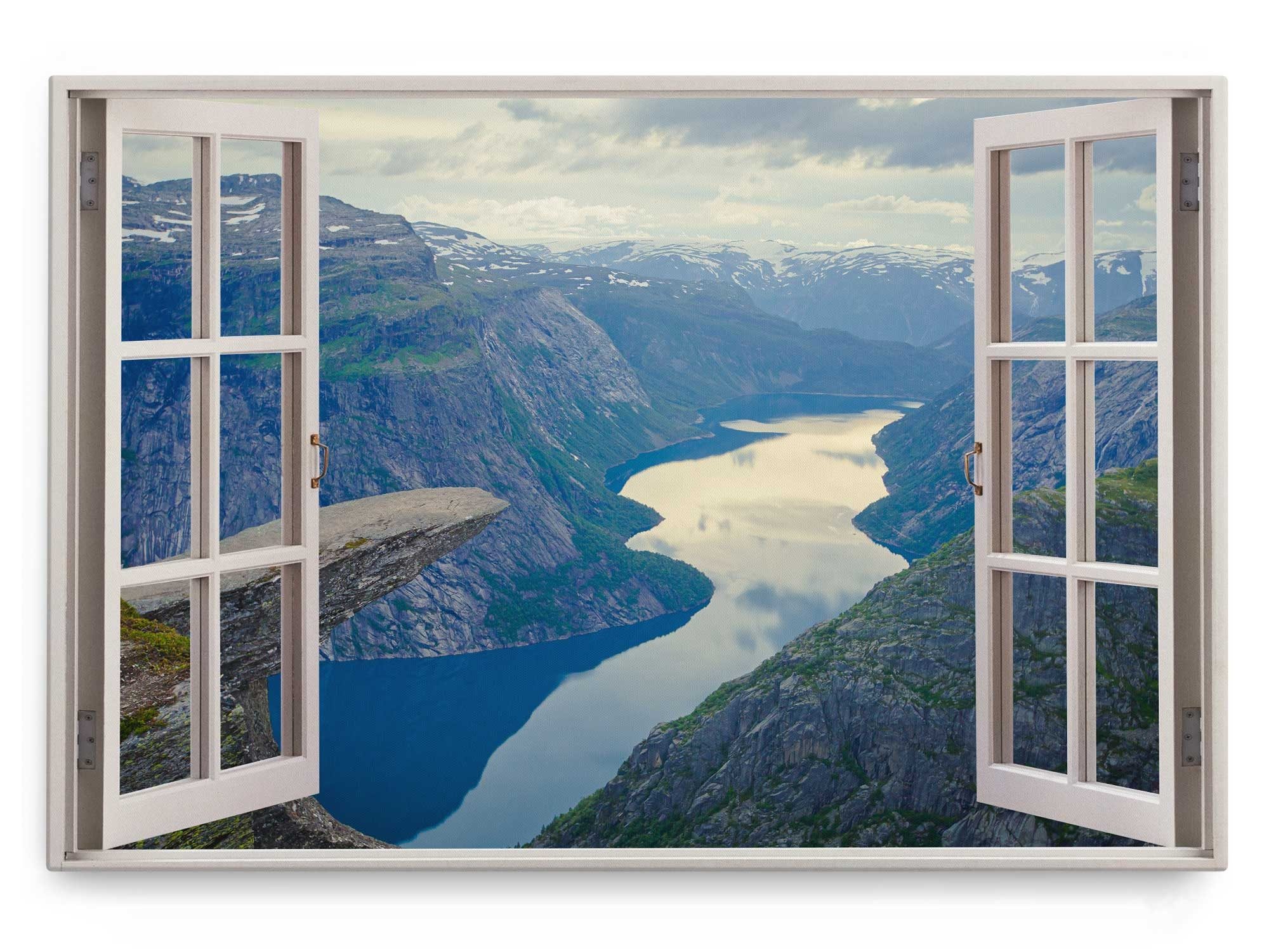 Sinus Art Leinwandbild Wandbild 120x80cm Fensterbild Norwegen Fluss Berge Natur Felsen, (1 St)