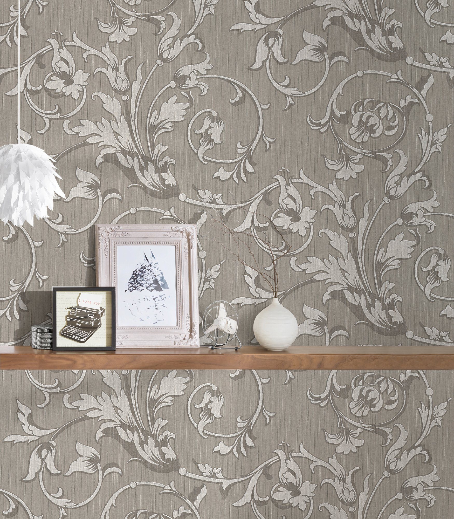 Blumen Paper Tessuto, Textiltapete Architects Floral grau/beige samtig, floral, Barock, Tapete