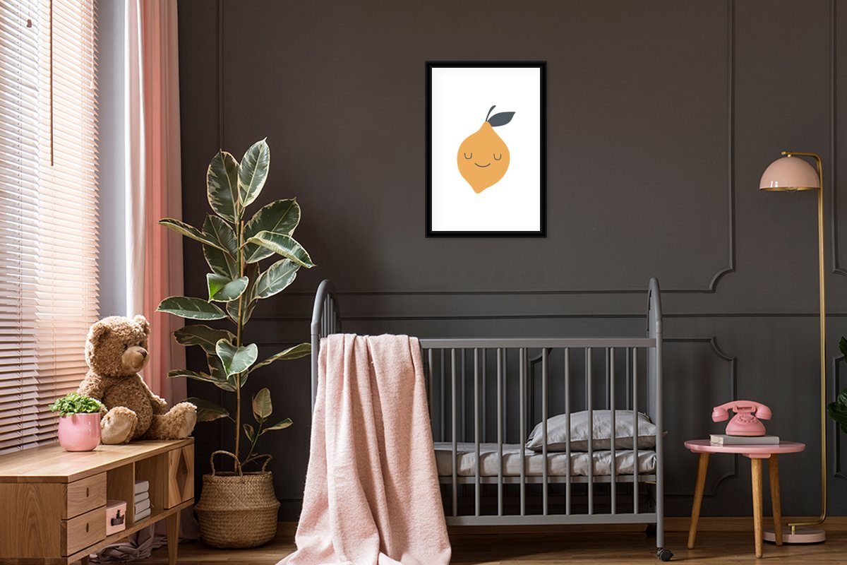 Kunstdruck, St), Schwarzem Bilderrahmen - (1 Kinder Zitrone - mit Poster, Poster - MuchoWow Gerahmtes Rahmen, Boheme, Obst