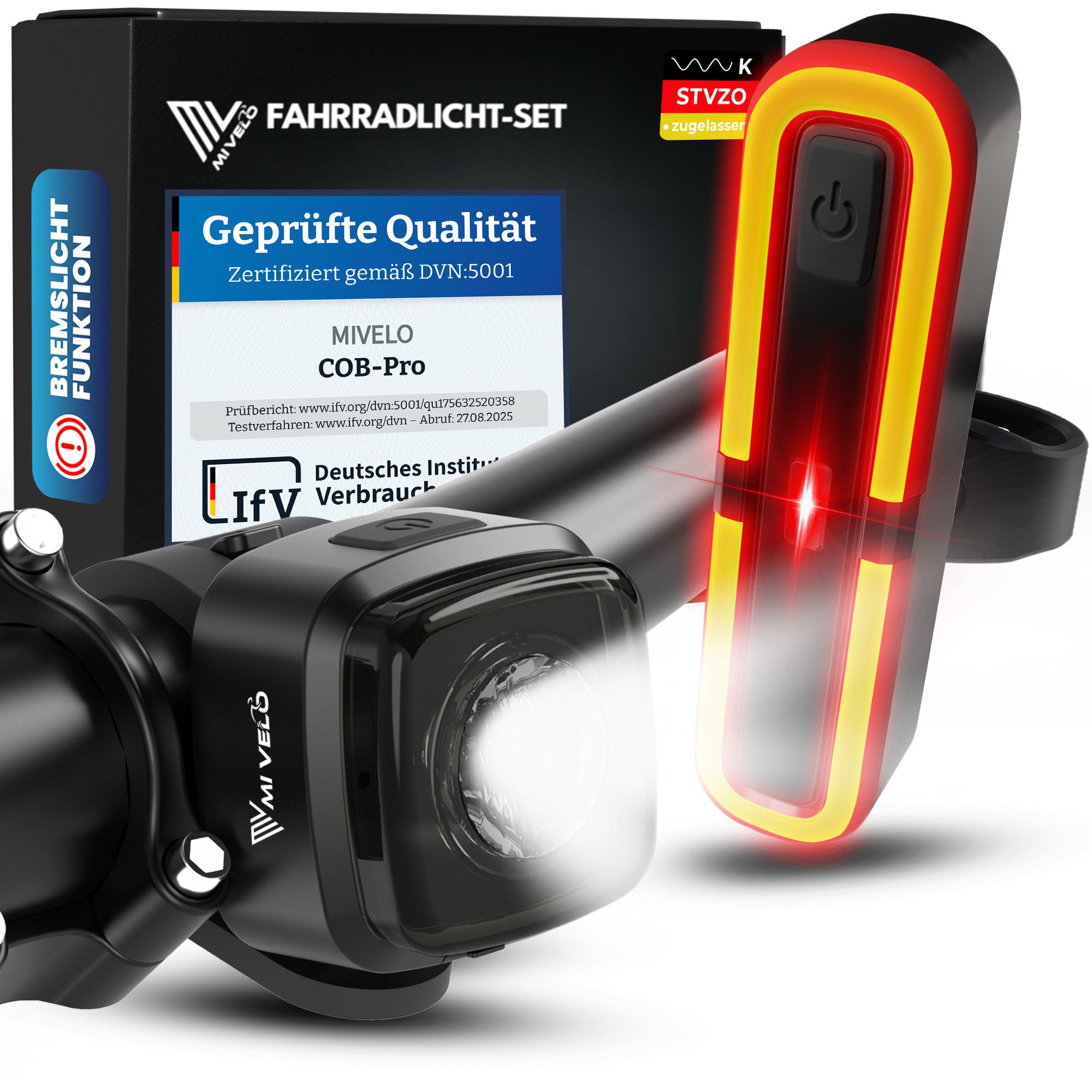 MIVELO Fahrradbeleuchtung COB Pro Fahrradlicht LED Set mit Bremsfunktion Akku USB aufladbar, StVZO zugelassen