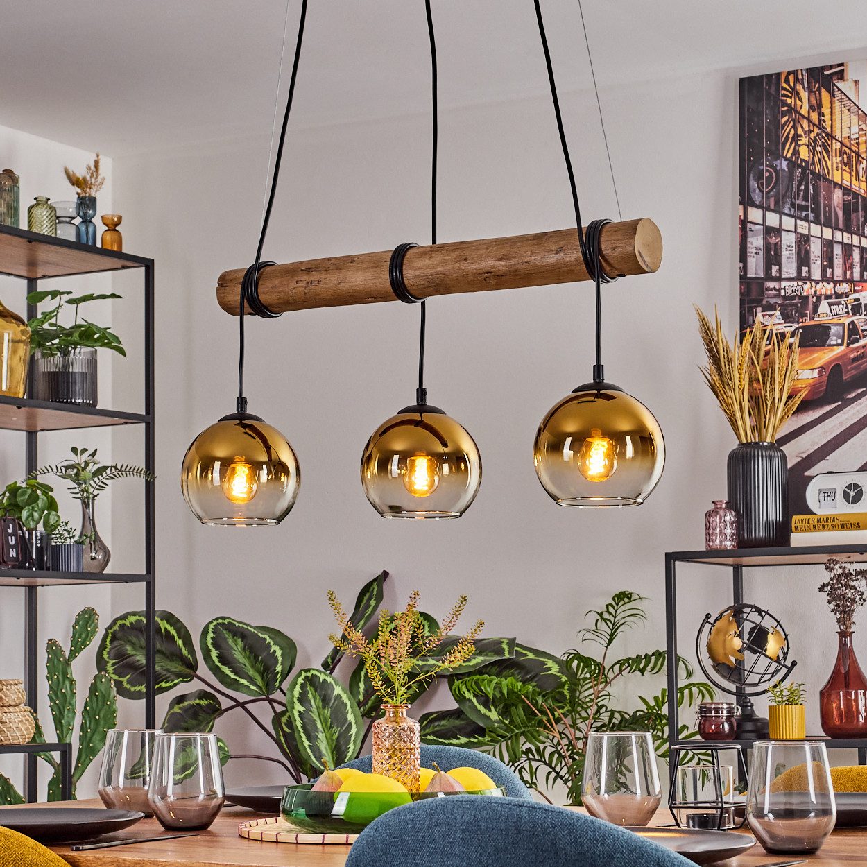 hofstein Pendelleuchte Hängelampe aus Metall/Holz/Glas in Schwarz/Natur-/Go günstig online kaufen