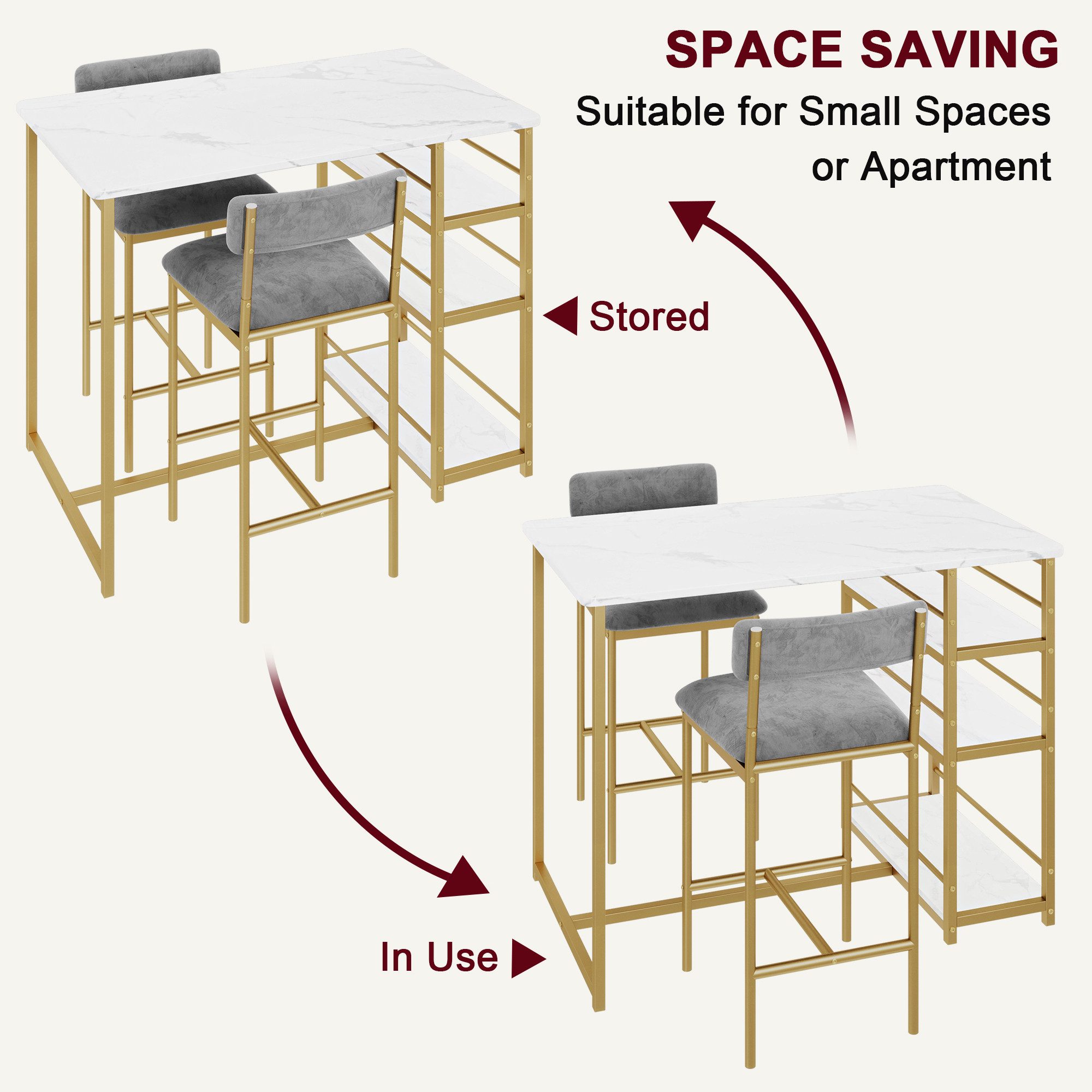 GarveeMore Essgruppe Ktichen Tisch mit 2 Stühlen für Küche & Esszimmer, Bartisch Esstisch mit 2 Gepolsterter Sitz und 3 Ablagen