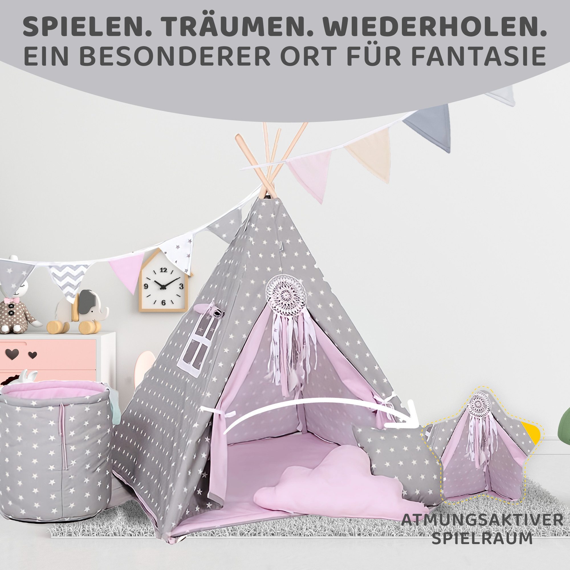 Rainbow Kids Tipi-Zelt Grauer Stern, Personen: 2 (mit Zubehör, 8 tlg., mit 4 Kissen, Matte, Spielzeugkorb und Wimpelkette)