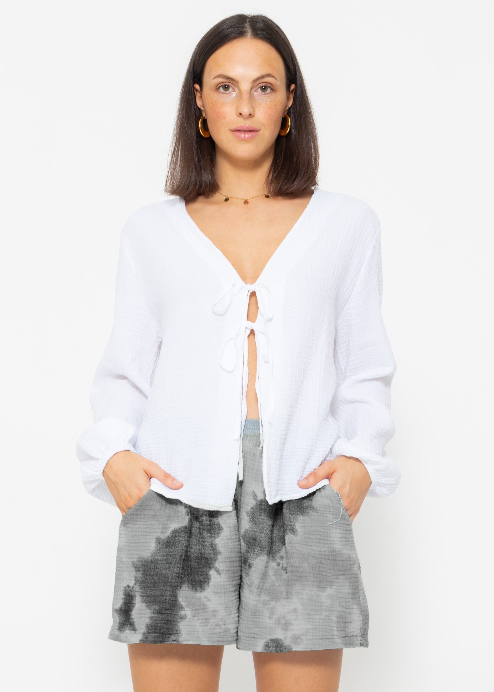 SASSYCLASSY Blusenjacke Oversized Musselin Blusenjacke mit Bindebändern Jac günstig online kaufen