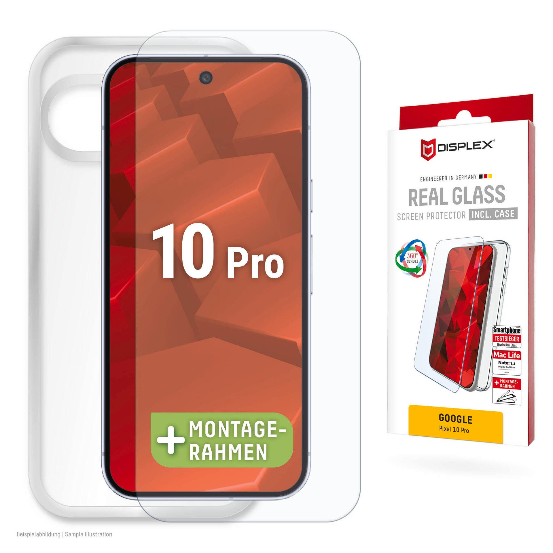 Displex Displayschutzglas Real Glass Screen Protector inklusive Case für Google Pixel 10 Pro, Displayschutzfolie, Schutzfolie, Bildschirmschutz, kratz- & stoßfest