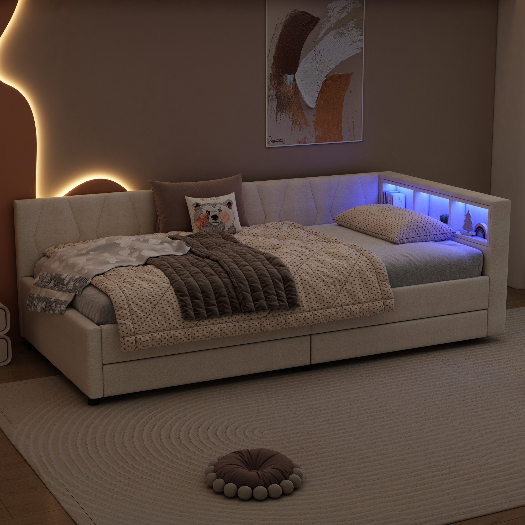 SOFTWEARY Stauraumbett Schlafsofa mit LED-Beleuchtung und Schubladen (90x200cm, mit Lattenrost und USB/Typ-C Anschlüssen), Polsterbett, Einzelbett, Leinen
