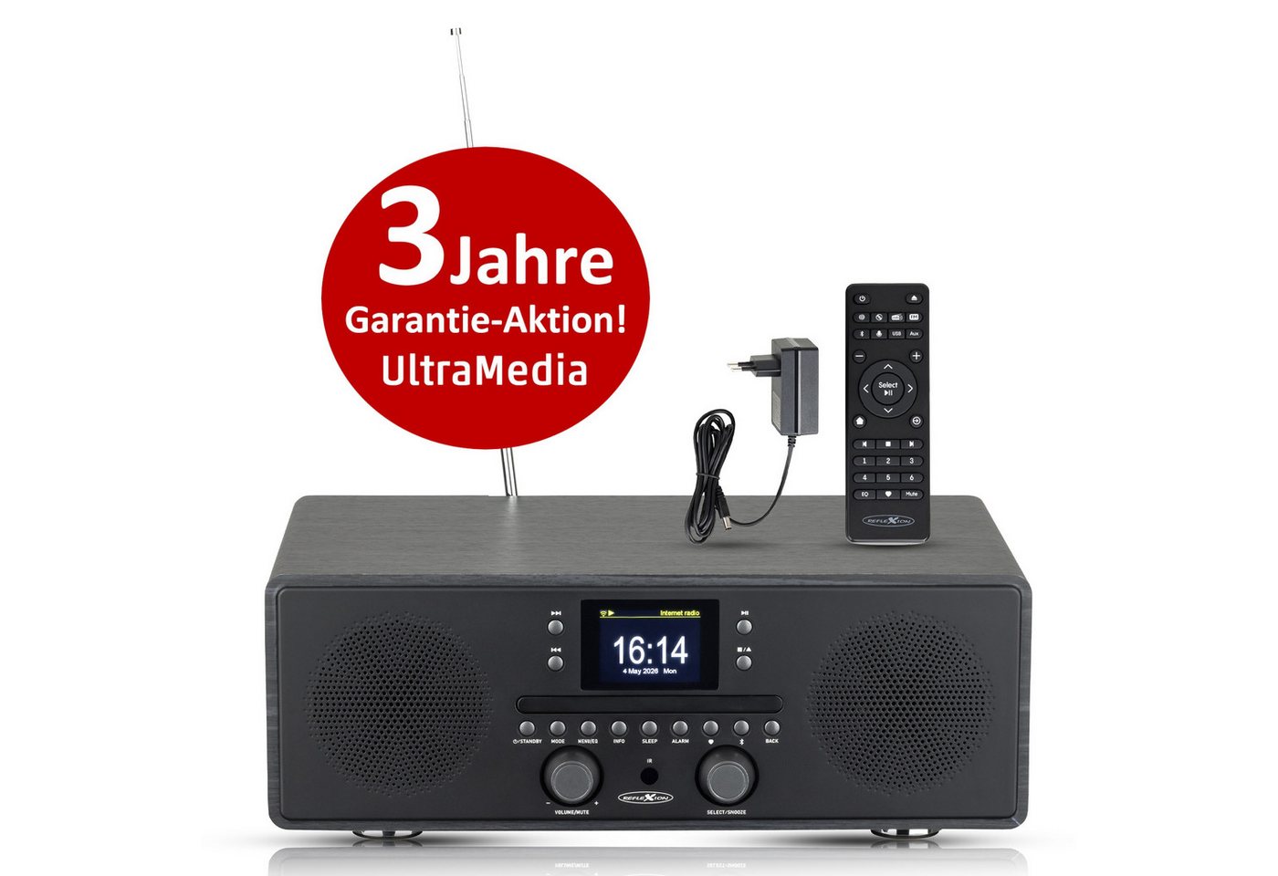 Reflexion HRA23INT Stereo DAB+ Radio mit CD-Player, Bluetooth, UKW, USB und AUX Internet-Radio (Digitalradio (DAB), UKW-Radio, Internetradio, 160 W, 2,4" TFT-Farbdisplay, Uhr-Anzeige mit Dual-Alarm und Sleep-Timer)