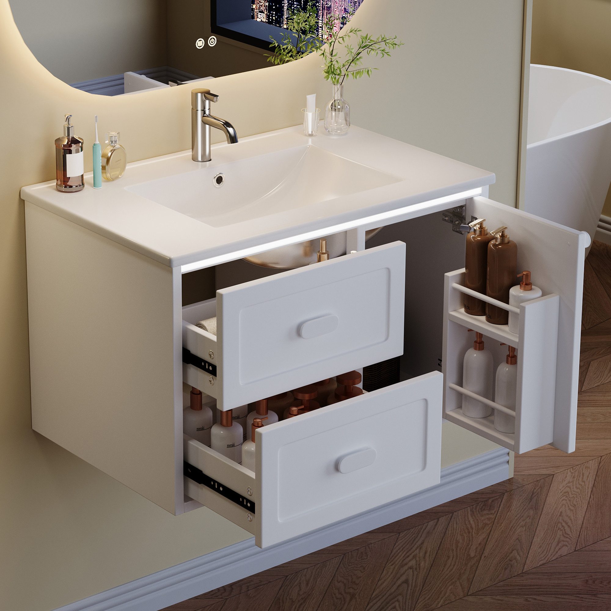 Flieks Waschtisch mit LED-Radarsensor Waschbeckenunterschrank inkl. Waschbecken (B76/T46/H51 cm, 1-St., wandhängend, Volllackierung Badschrank mit Led-Beleuchtung Waschplatz), Badezimmerschrank mit Schubladen und Türablagen Badmöbel-Set Weiß