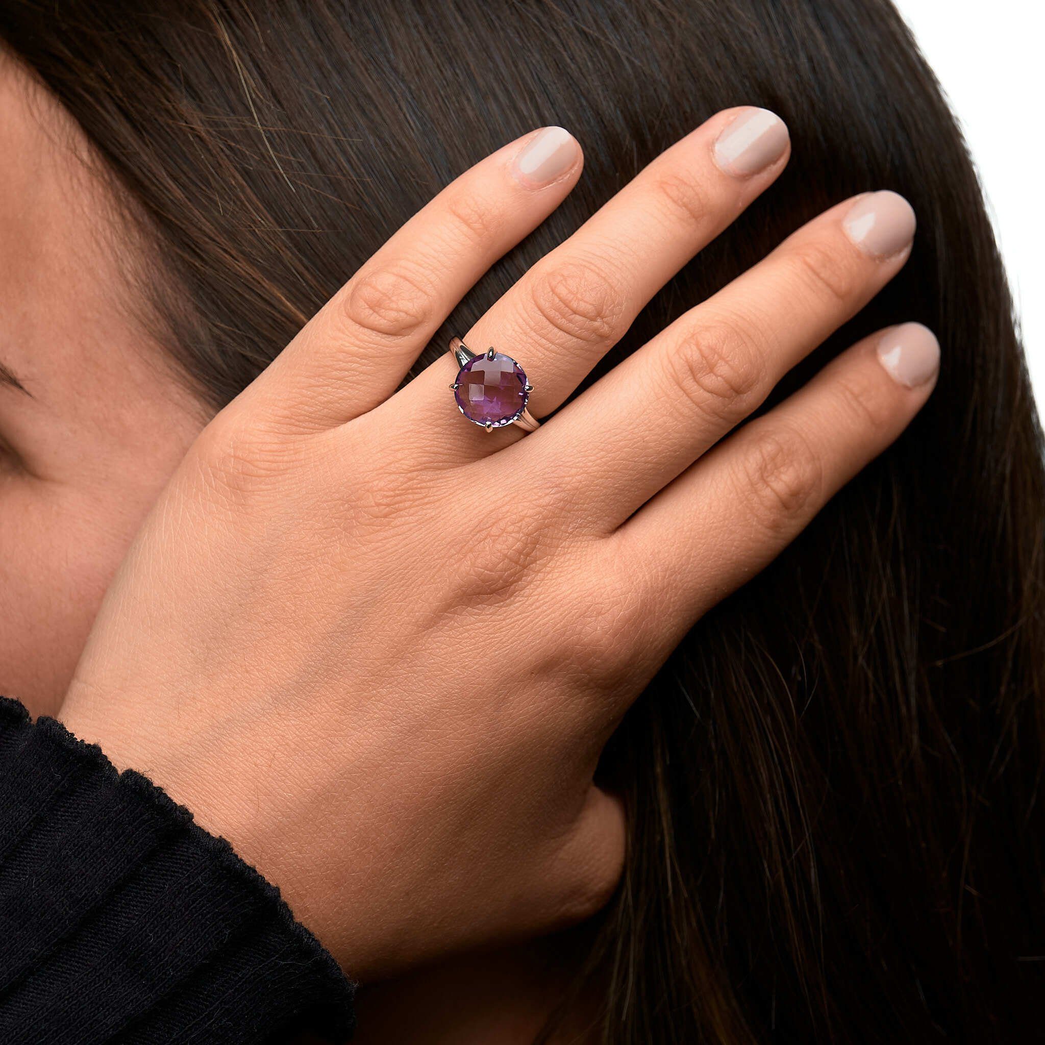 Zeeme Fingerring Silber 925 rhodiniert mit echtem Amethyst 12mm