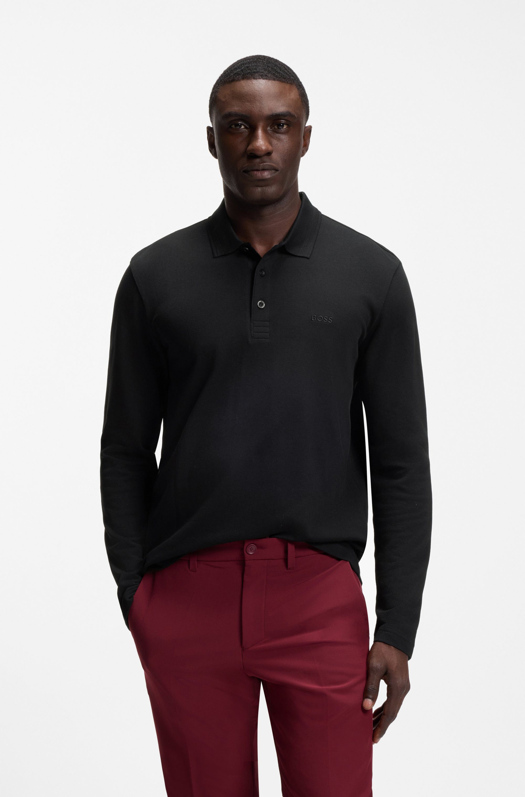 BOSS GREEN Langarm-Poloshirt Plisy mit Streifen am Kragen