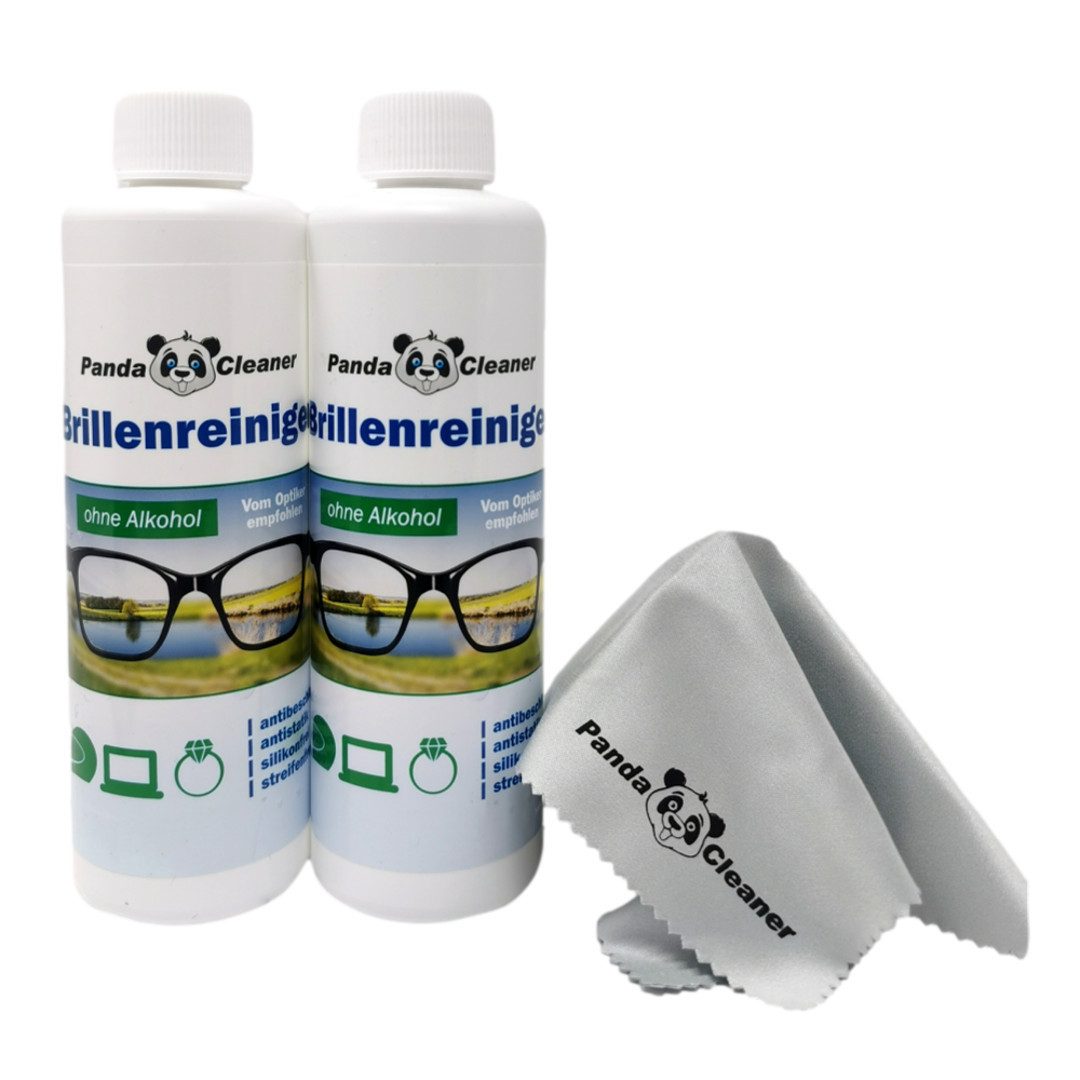PandaCleaner Brillenreiniger - Bio-Konzentrat - Anti-Beschlag-Formel Glasreiniger (Set, [2-St. 250ml Flaschen + Mikrofasertuch)
