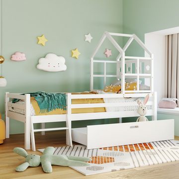 Gotagee Kinderbett Hausbett Kinderbett mit Leiter Schubladen Einzelbett Hochbett 90x200cm