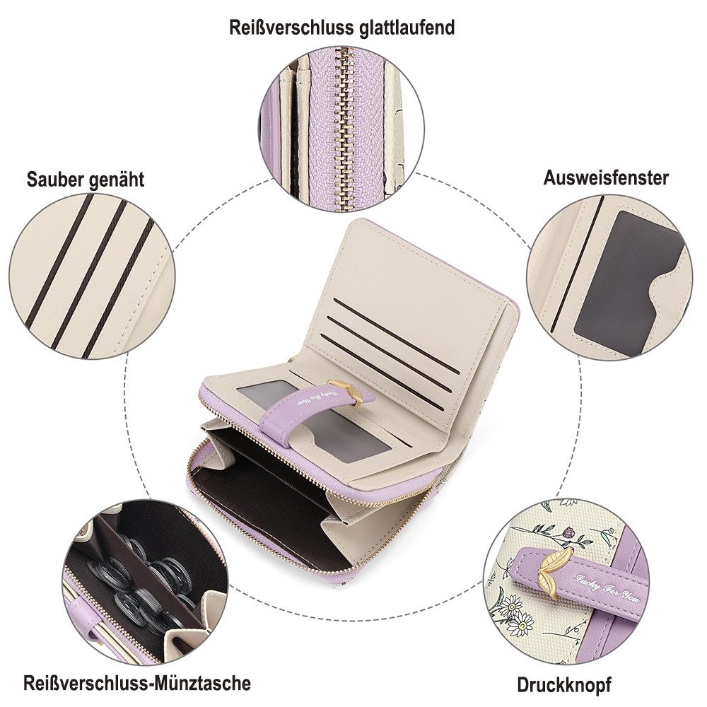 Zaewry Geldbörse Kleine Damen Geldbörse,modisch, niedlicher Margeriten-Aufdruck, Leder, Bifold, kompakt, RFID-geschützt, mit Reißverschlusstasche – Bild 4 von 5