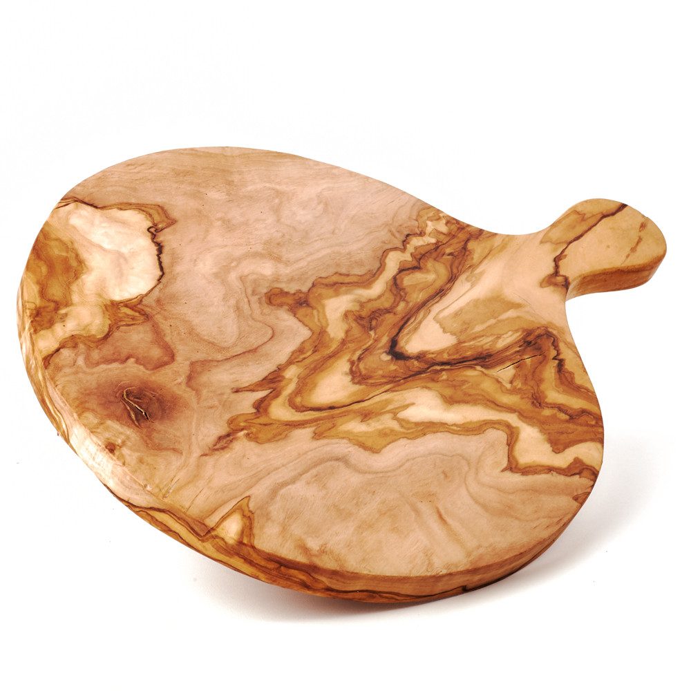 dasOlivenholzbrett Pizzaschneidebrett Olivenholz Pizzabrett oder Flammkuchenbrett, rund mit Griff