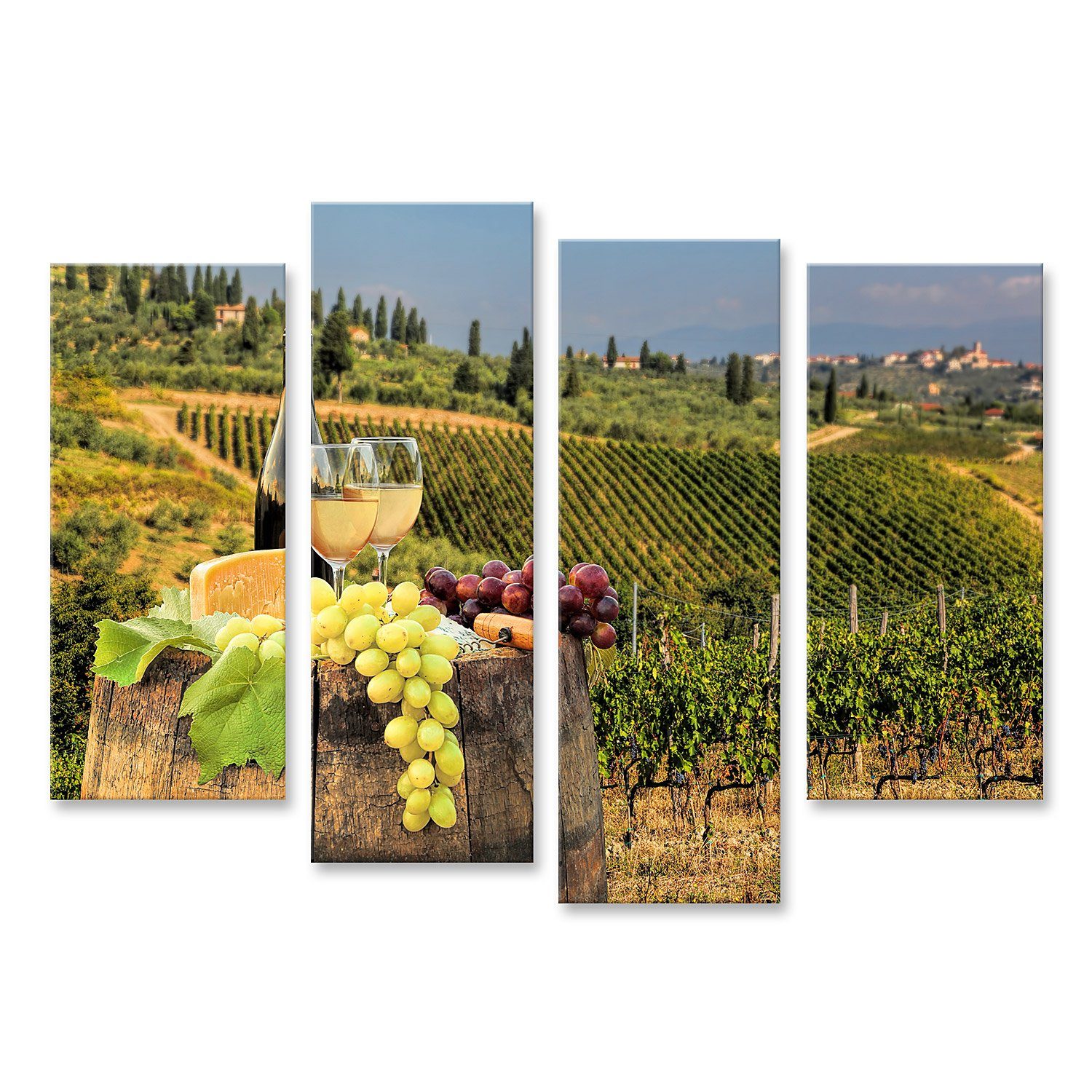 Leinwandbild Bild auf Leinwand Weißwein mit Fass auf Weinberg in Chianti Toskana It
